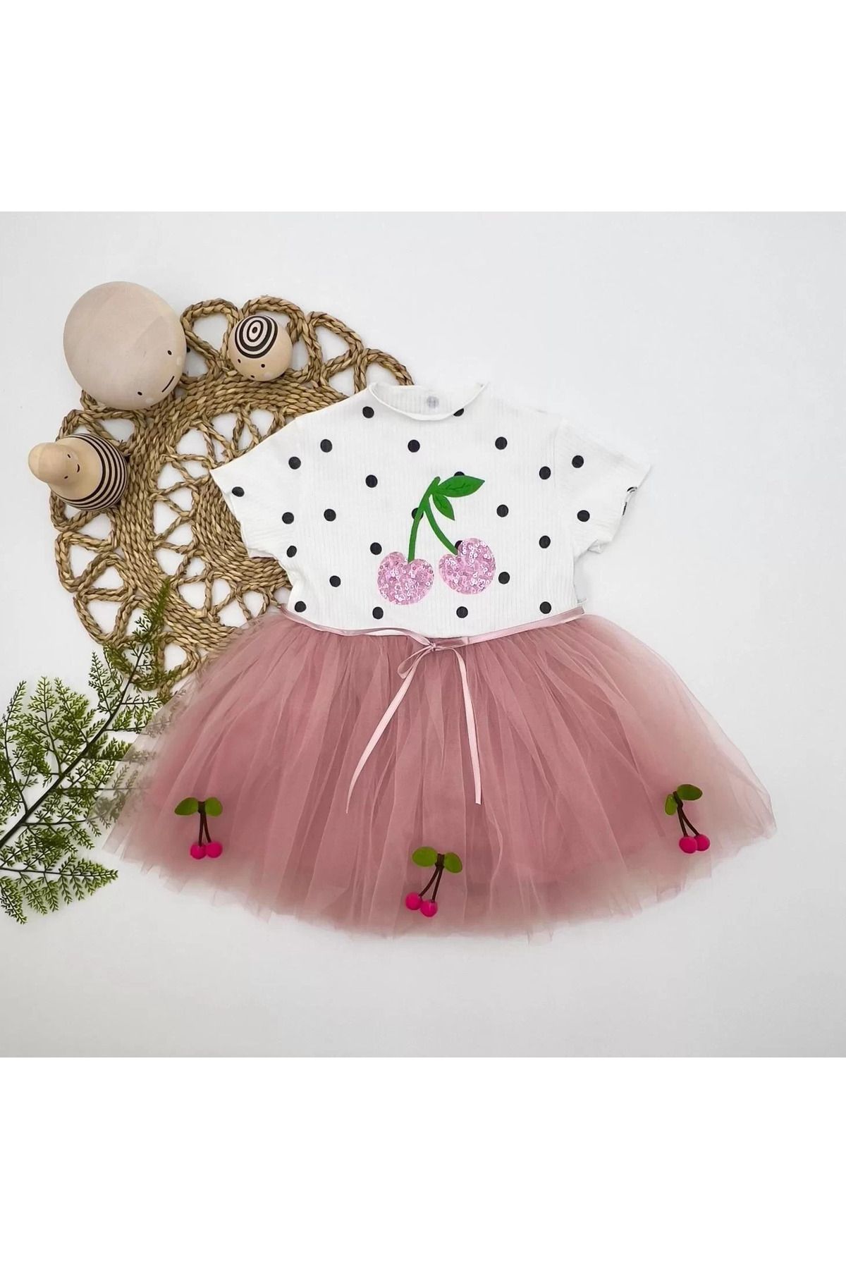onlinebutik Petli Kiraz Nakışlı Kiraz Etekli Kız Bebek Tütü Elbisesi Gül Kurusu