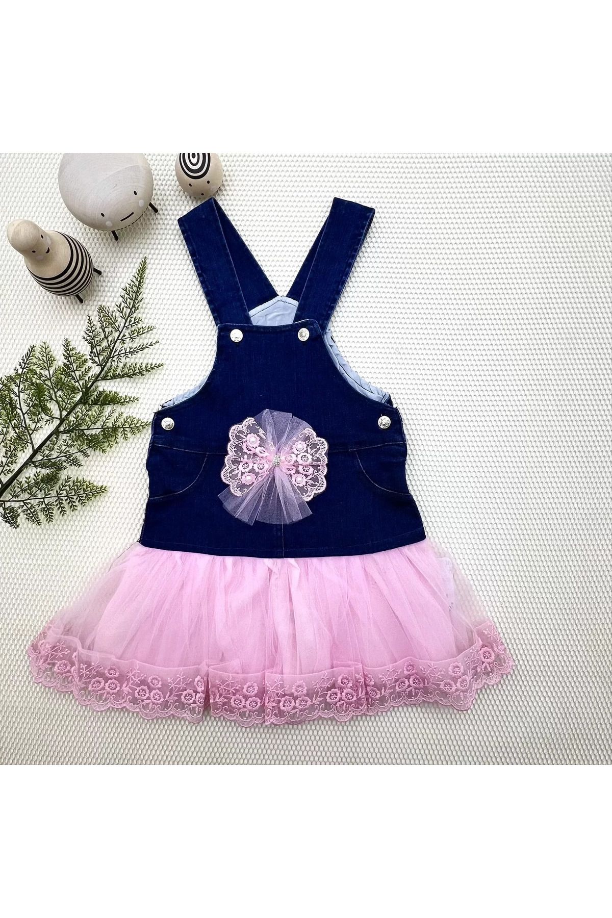 onlinebutik Fiyonklu Düğme Detaylı Tül Etek Kot Kumaş Salopet Kız Çocuk Elbisesi Lacivert-pembe