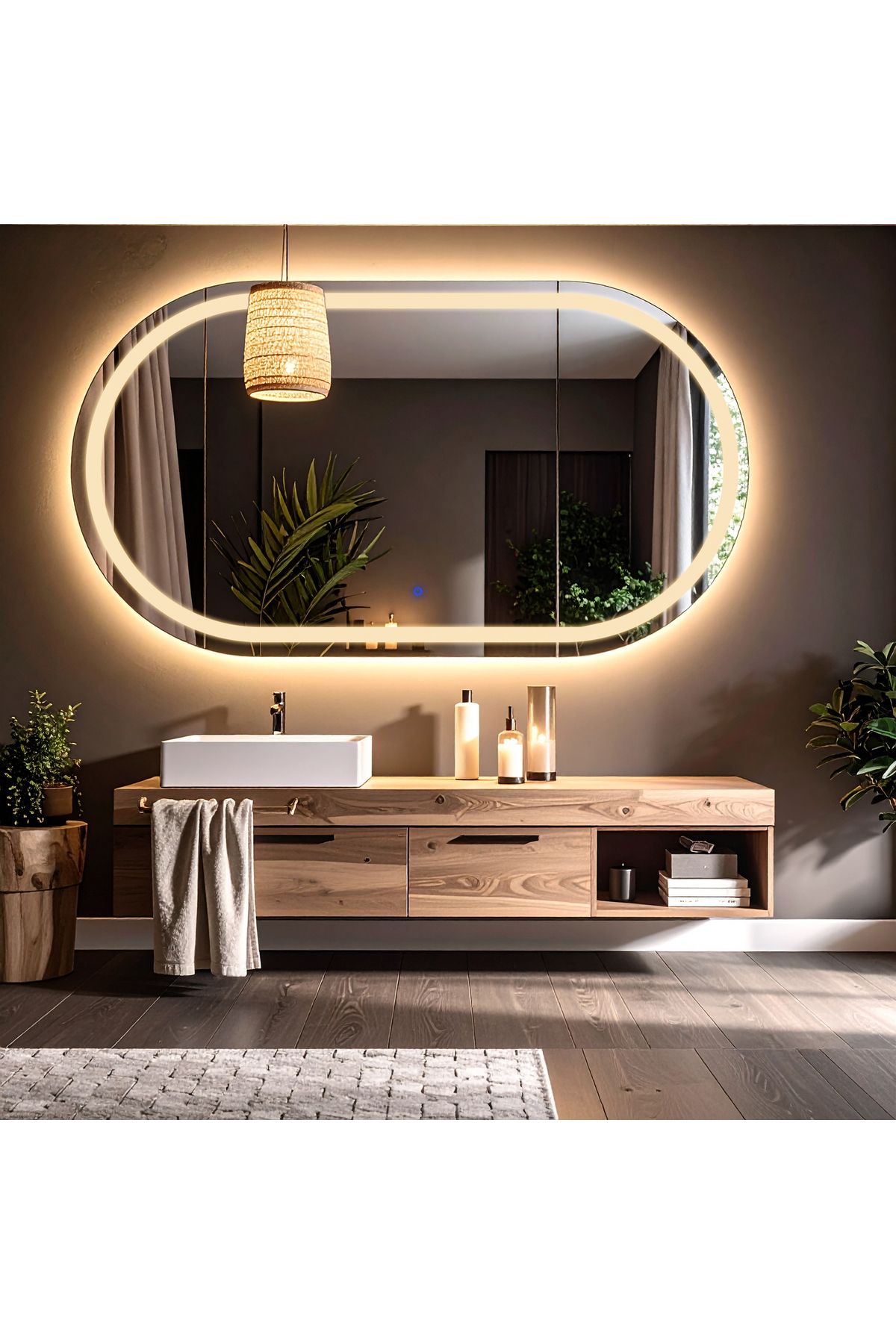 lumora mirror design Ovanta Günışığı Led'li Lazer Kumlamalı Lavabo & Banyo Aynası (Dokunmatik Sensörlü)