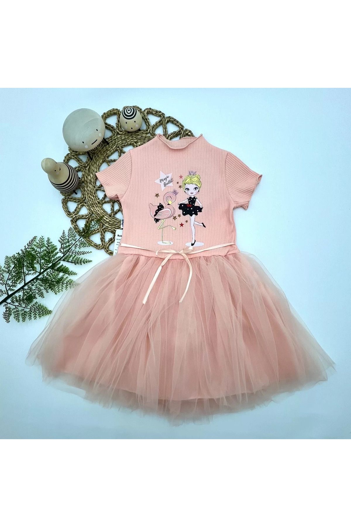 onlinebutik Flamingo Balerin Kız Baskılı Kurdela Kuşaklı Astarlı Kız Çocuk Tütü Elbise Somon