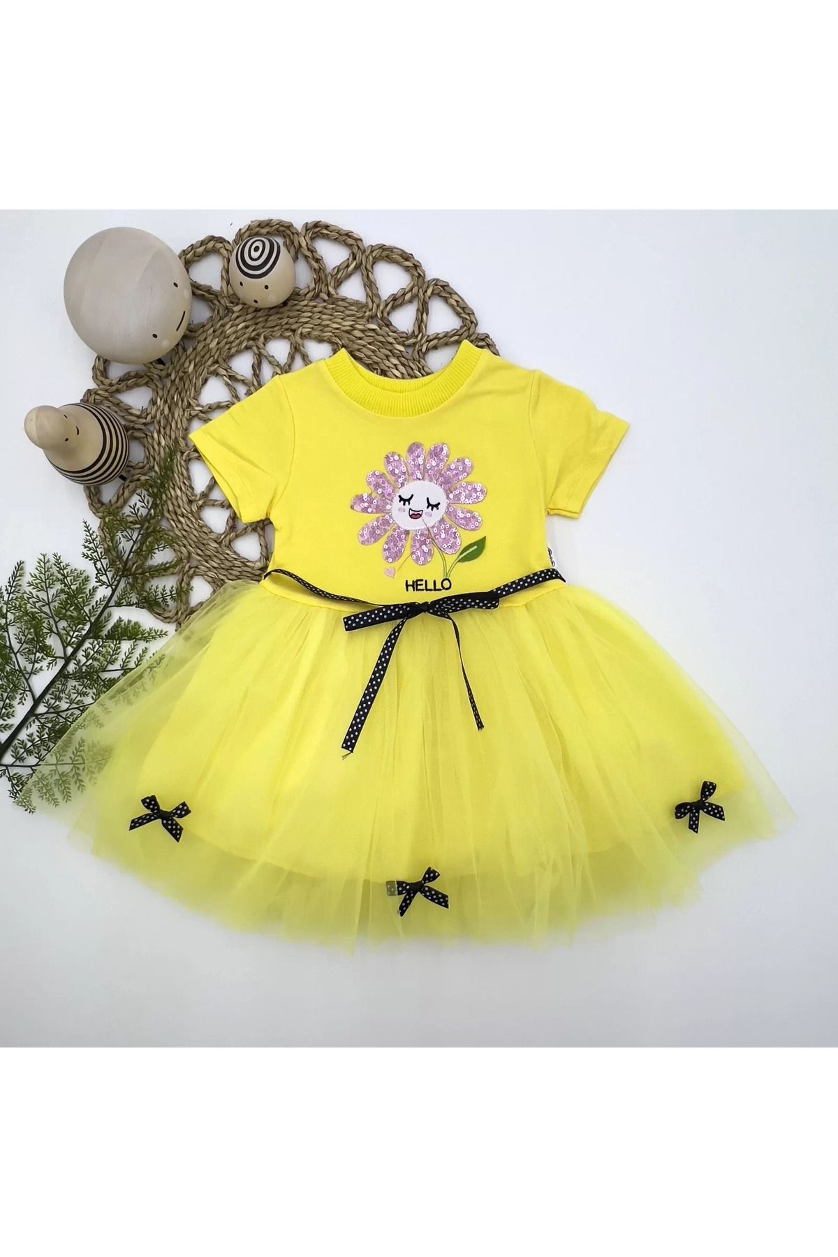 onlinebutik Pet Yapraklı Çiçek Nakışlı Astarlı Kız Bebek Tütü Elbisesi Sarı