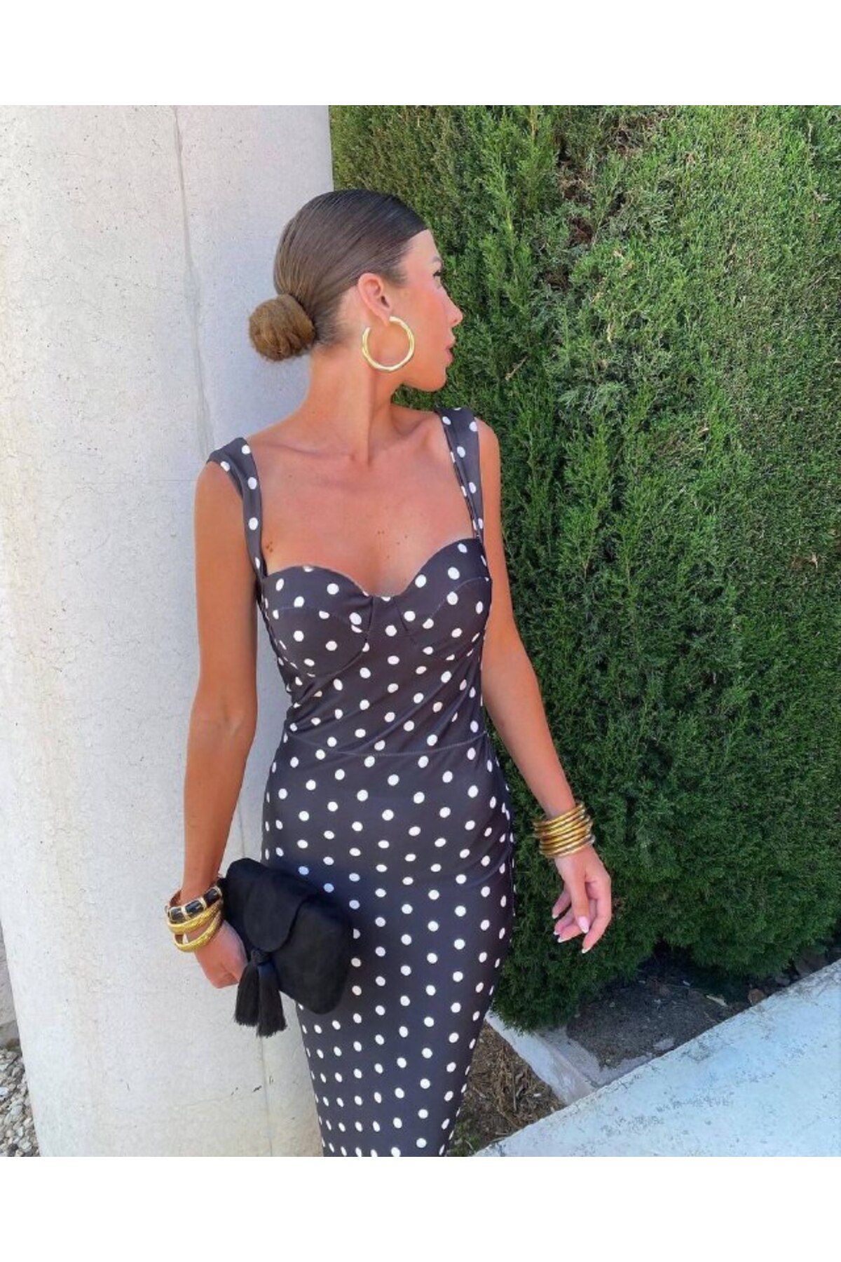 Castivo Fashion Saten Görünümlü Puantiyeli Askılı Kalem Elbise