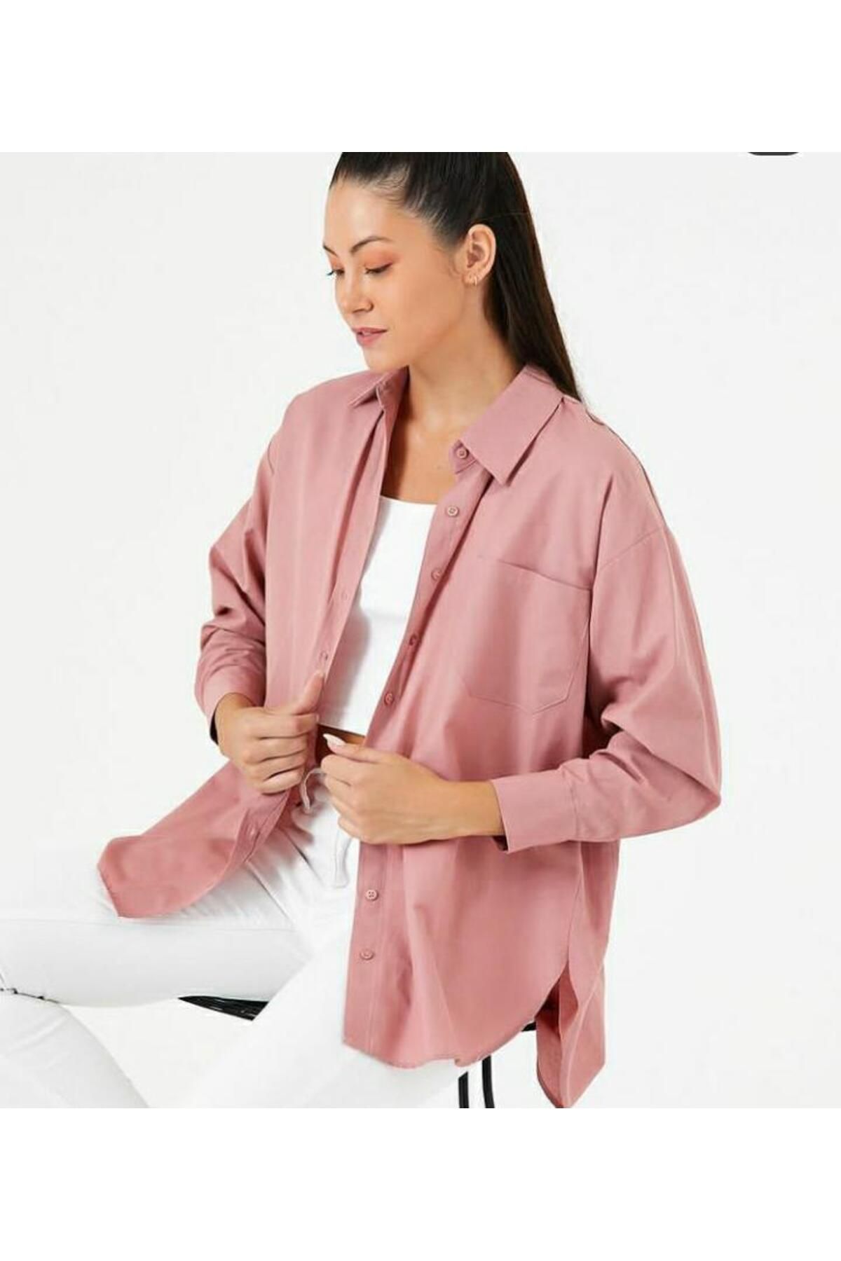 kazarina kadın oversize tek cepli uzun kollu gömlek