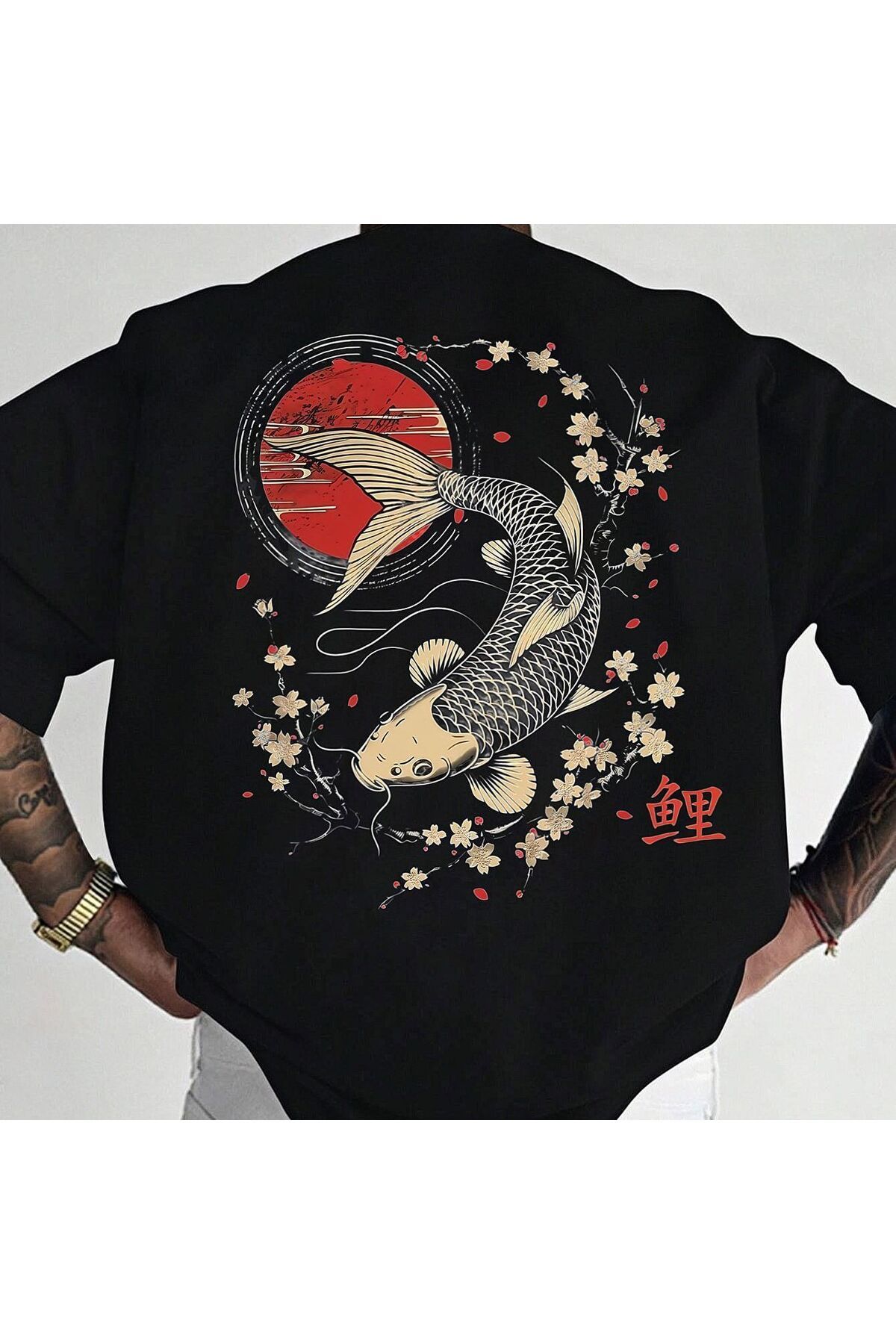 ship master Erkek Oversize Tişört - Japon Koi Balığı ve Sakura Çiçek Desenli