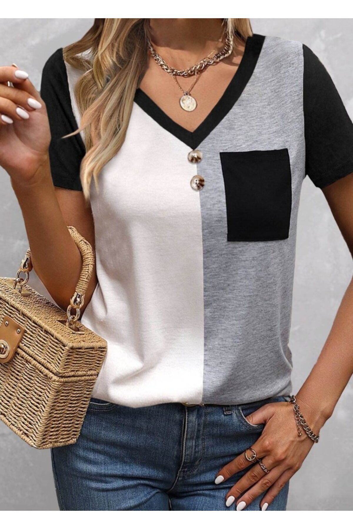fh fashionhere Kadın Kısa Kollu V Yakalı Cepli önden Düğmeli çift Renkli Viskon Bluz
