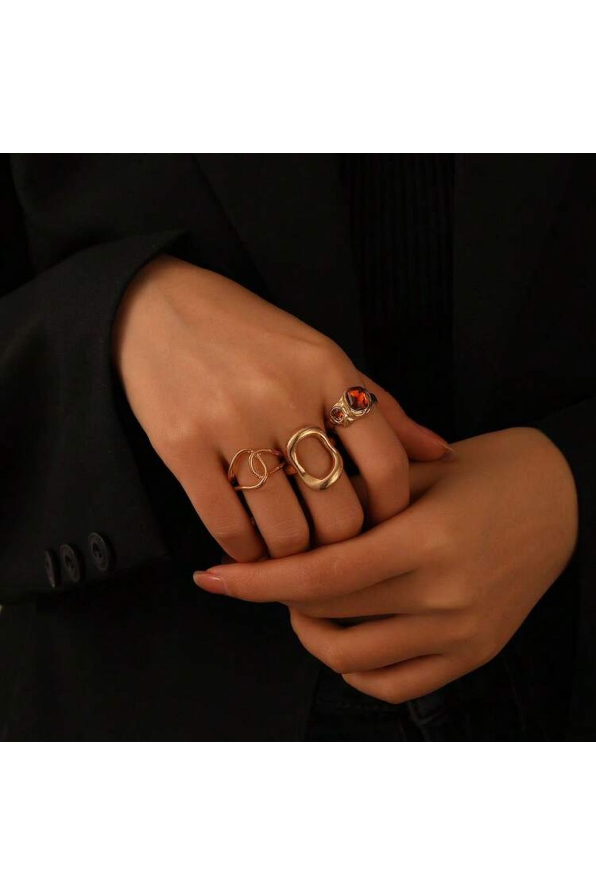 La Saade Y2k Vintage Gold Üçlü Ayarlanabilir Pinterest Yüzük Seti