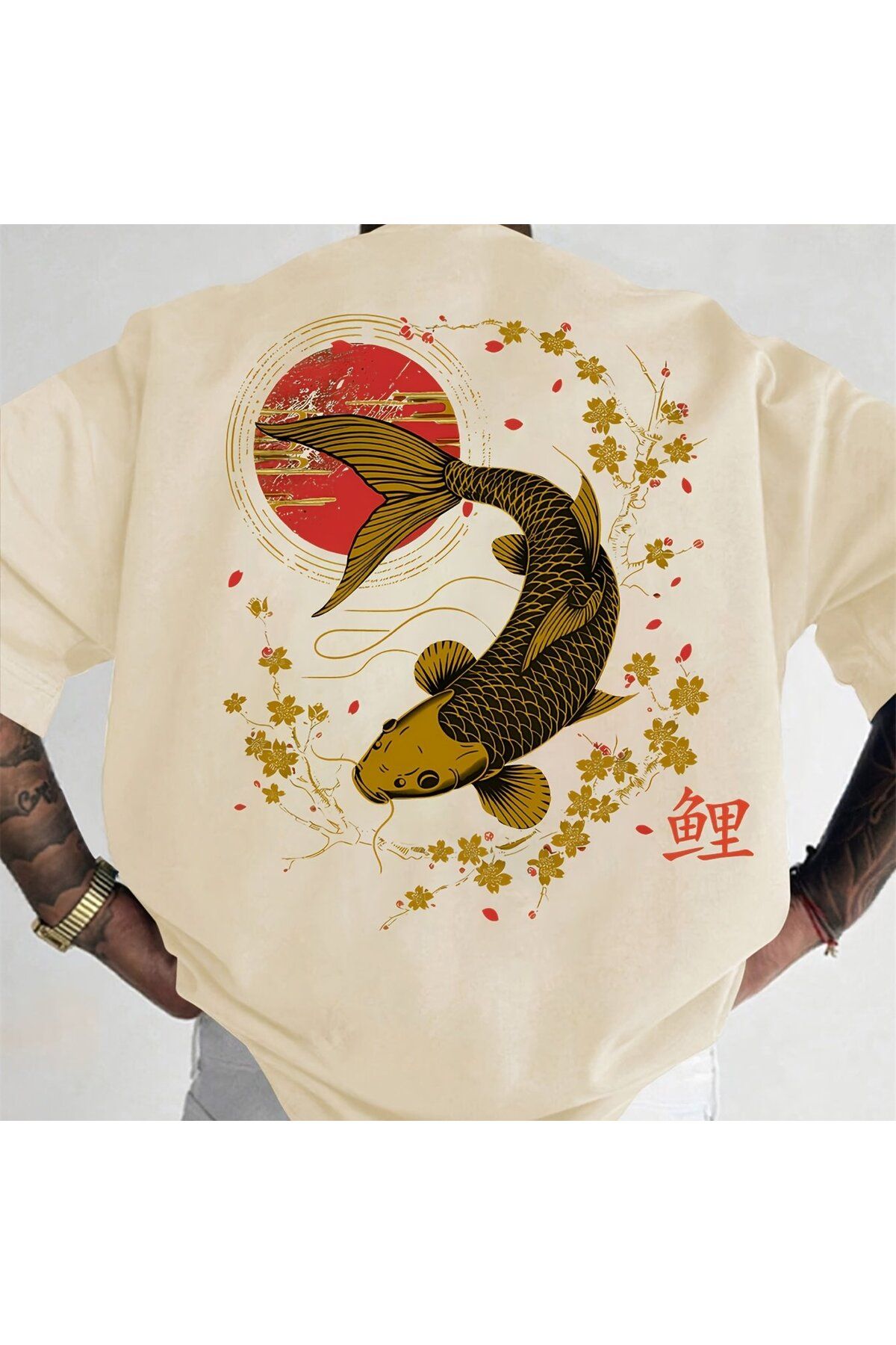 ship master Erkek Oversize Tişört - Japon Koi Balığı ve Sakura Çiçek Desenli