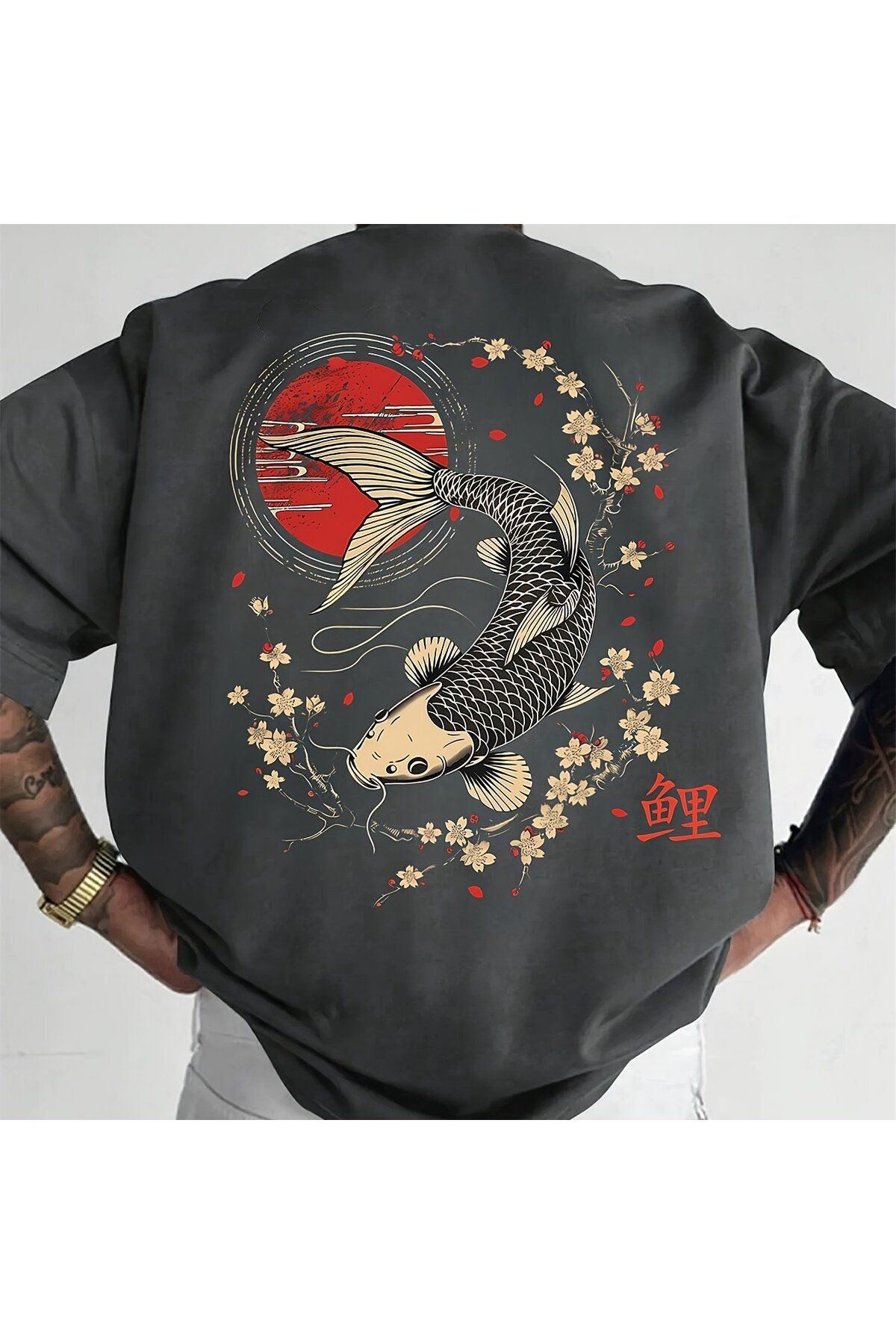 ship master Erkek Oversize Tişört - Japon Koi Balığı ve Sakura Çiçek Desenli