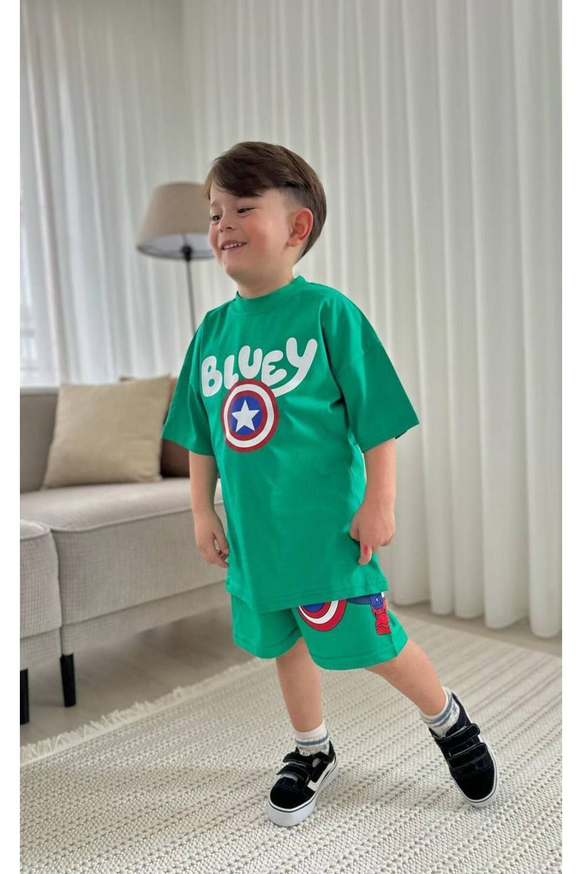 JELİBOOM Bluey Baskili Yazlik Alt Üst Takim Şort Takim Yeşi̇l