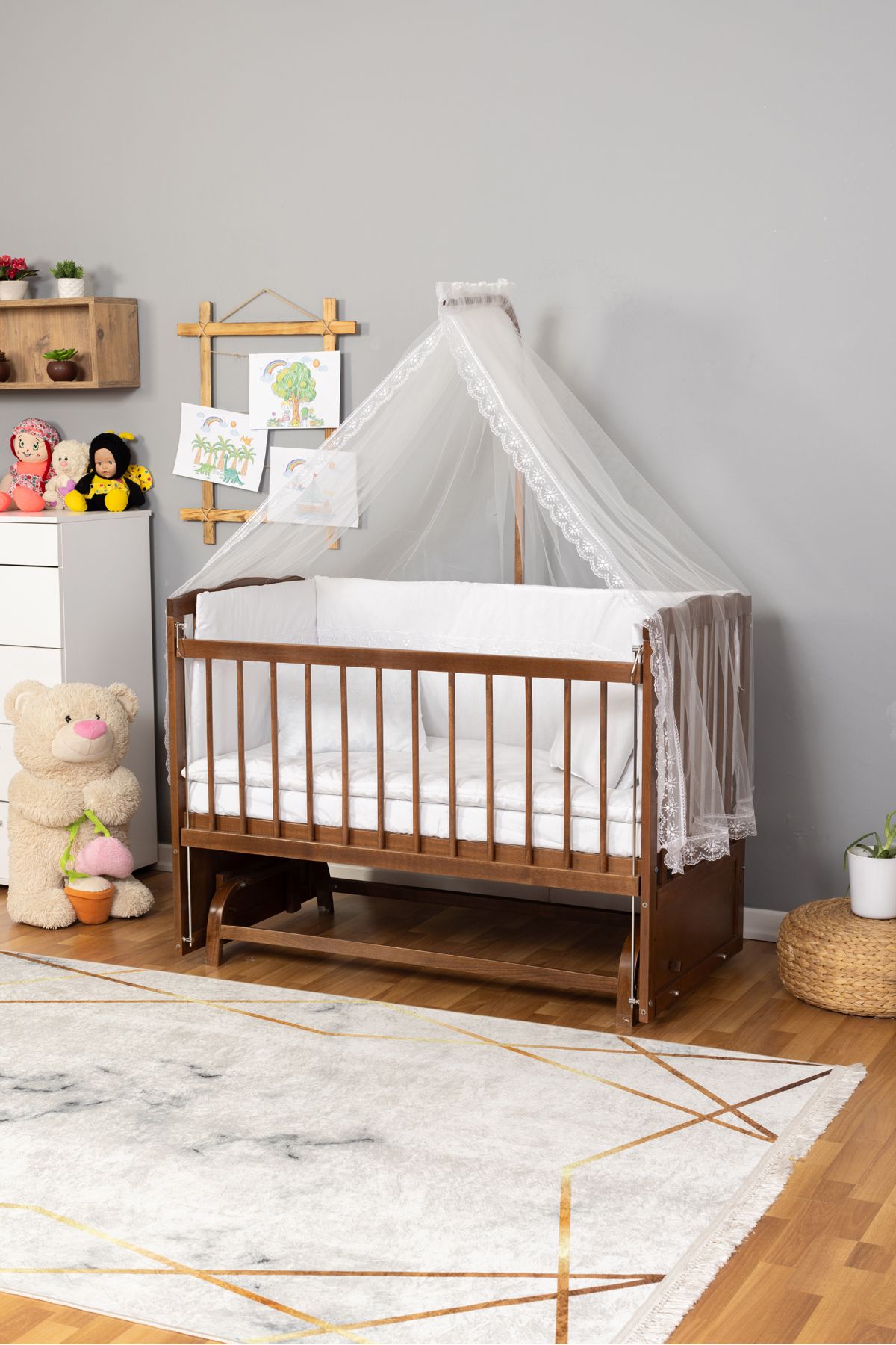 Carino Wins Ahşap Beşik Anne Yanı Yeni Doğan Tutku CEVİZ Bebek Beşiği BEYAZ GÜPÜR UYKU SETLİ