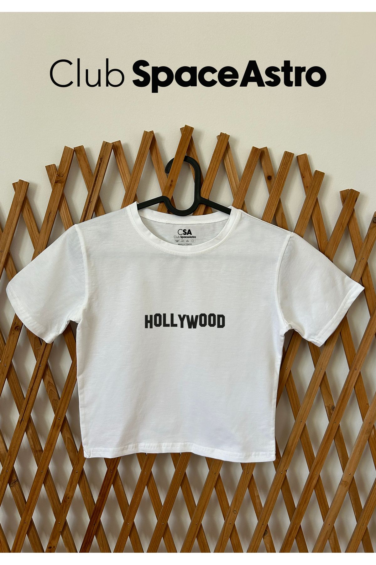 ClubSpaceAstro Hollywood Baskılı Pamuklu Likralı Bisiklet Yaka Crop Kadın Üst