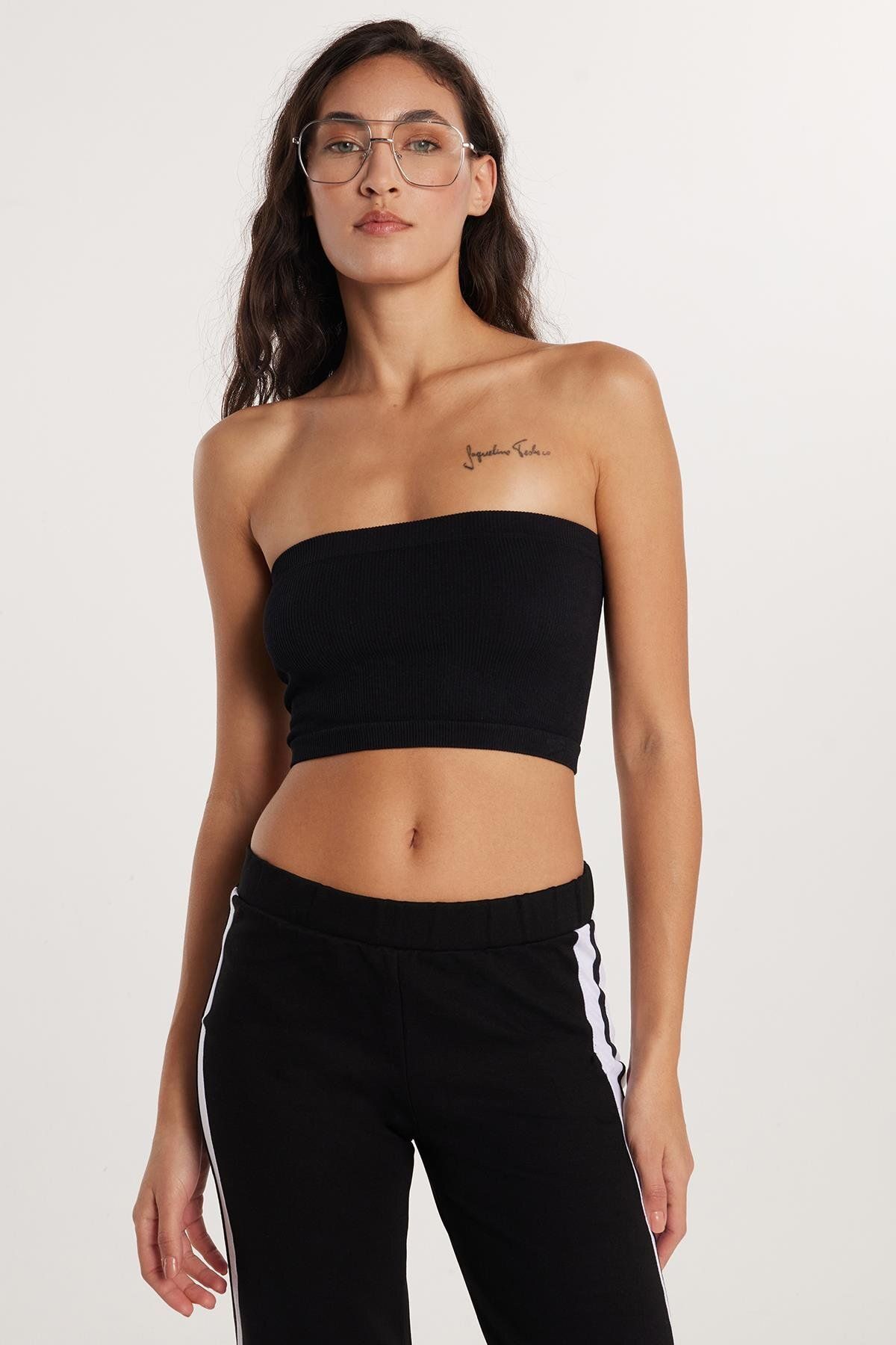 Tudors Kadın Slim Fit Dar Kesim Straplez Siyah Body