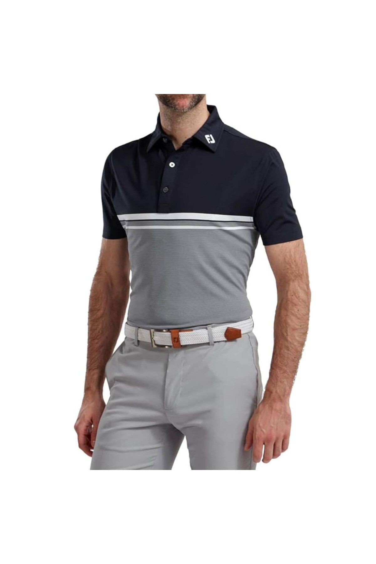 FootJoy Stretch Pique Renk Bloklu Polo Yaka Gry/Wht/Nvy Golf T-Shirt 90371