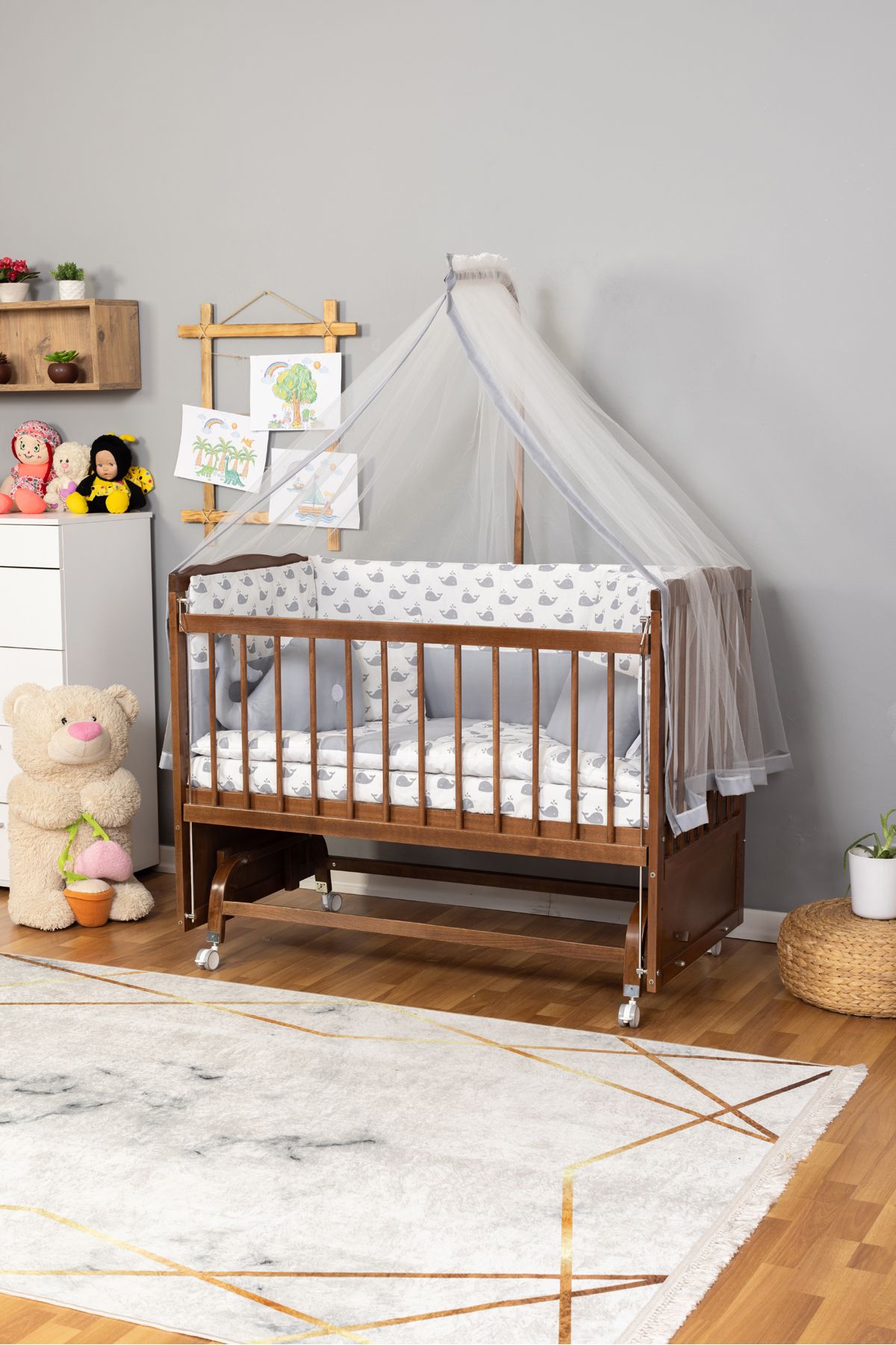 Carino Wins Bebek Beşiği GRİ BALİNA Ahşap Beşik Anne Yanı Yeni Doğan Tutku CEVİZUYKU SETLİ + TEKERLEKLİ