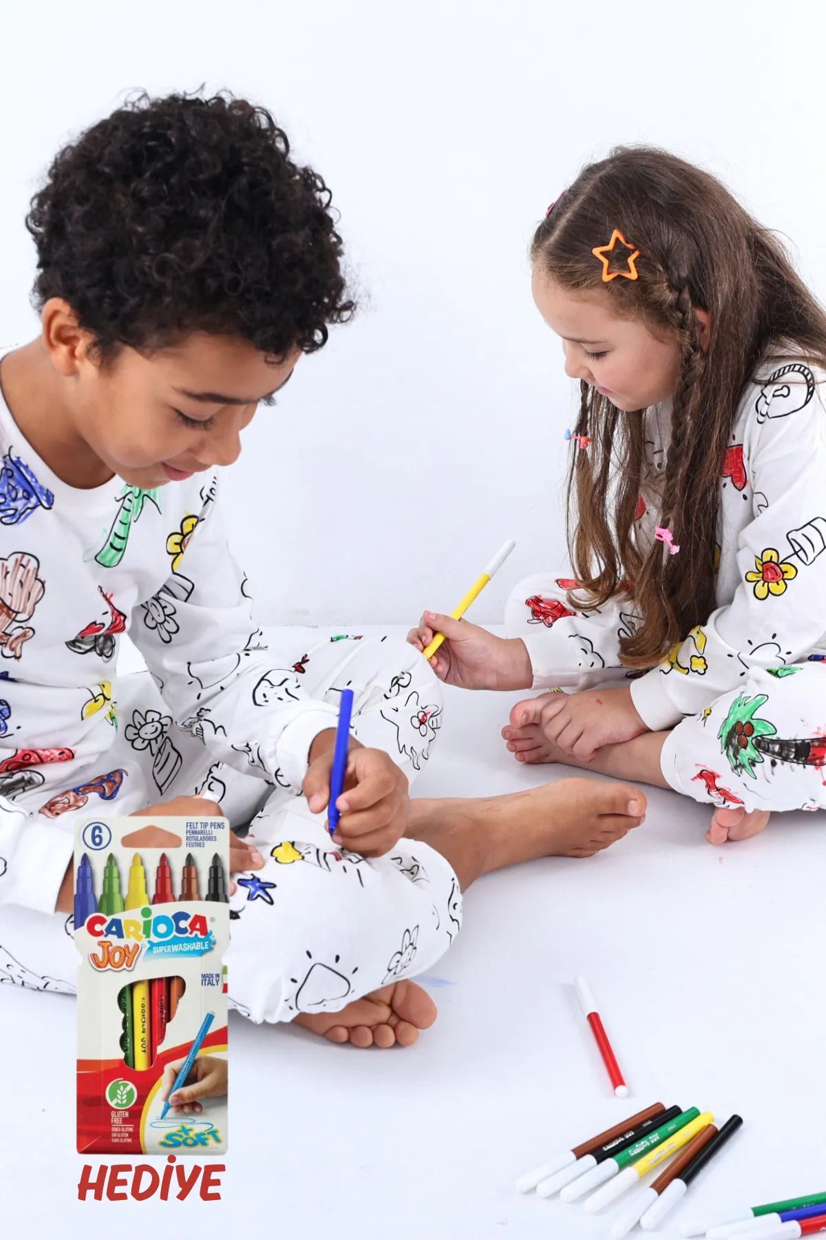 - Cilt Dostu Boyanabilir Çocuk Pijama Takımı - Uzun Kollu - Kalem Hediyeli - %100 Pamuk