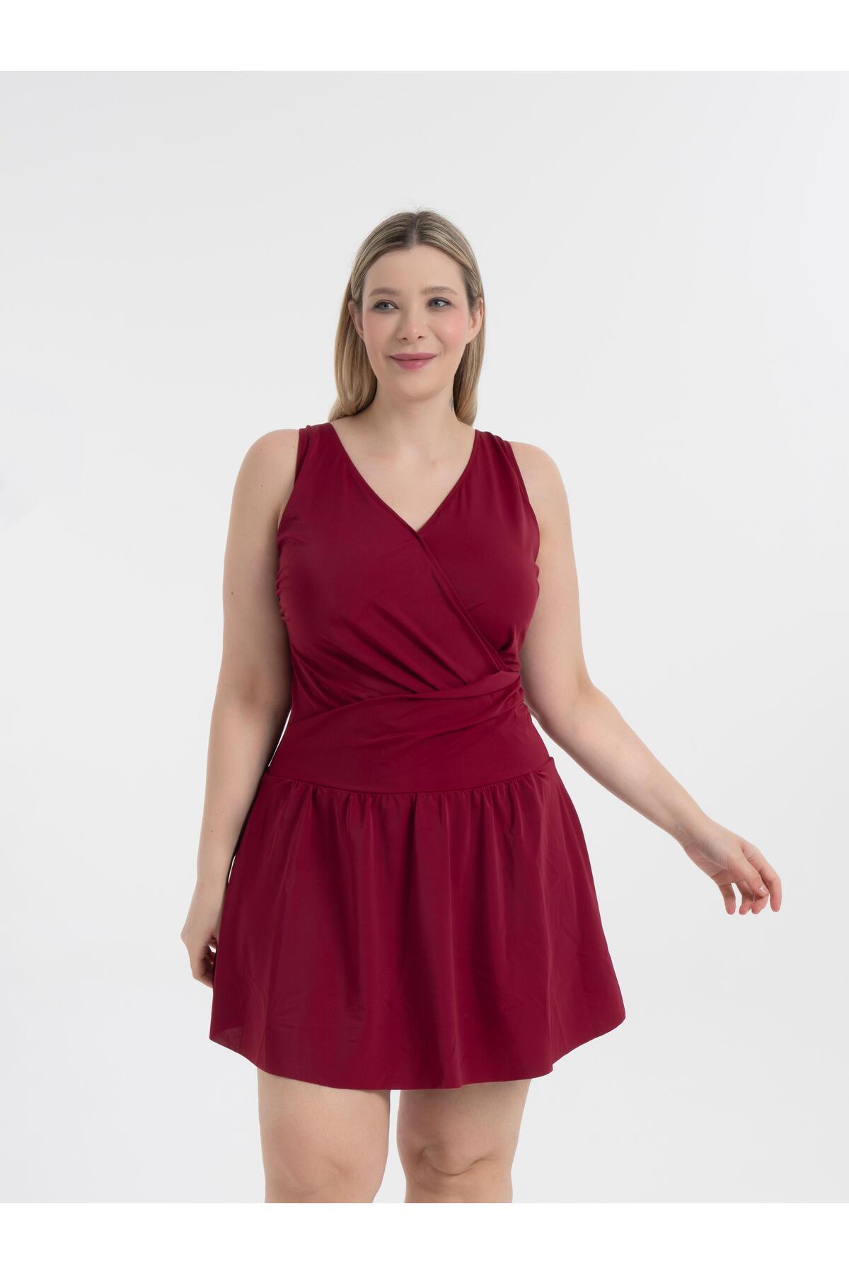 AQUAVİVA Kadın Bordo Büyük Beden Dakota Kruvaze Detaylı Şortlu Elbise Mayo