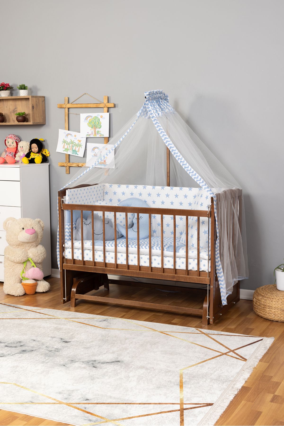 Carino Wins Tutku CEVİZ Bebek Beşiği Ahşap Beşik Anne Yanı Yeni Doğan MAVİ YILDIZ UYKU SETLİ