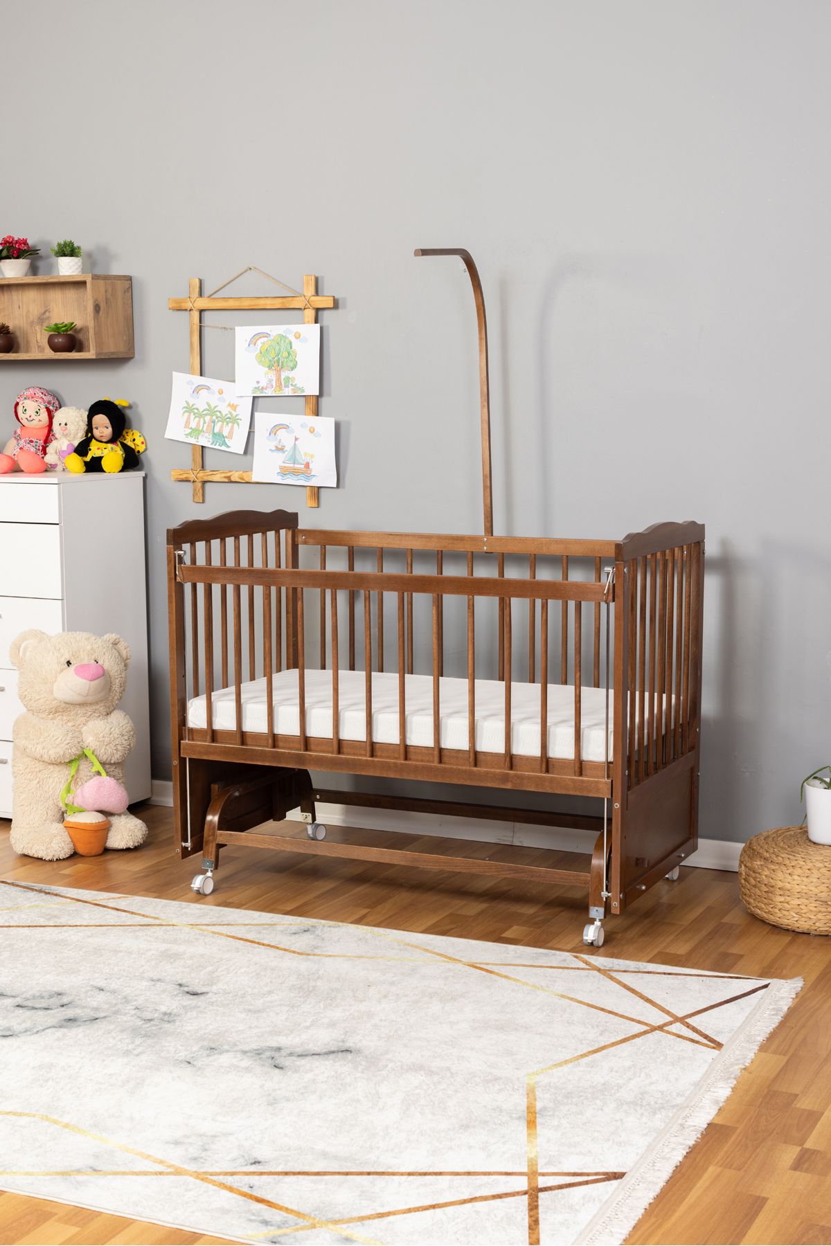 Carino Wins Tutku CEVİZ Bebek Beşiği Ahşap Beşik Anne Yanı Yeni Doğan TEK YATAK + TEKERLEKLİ