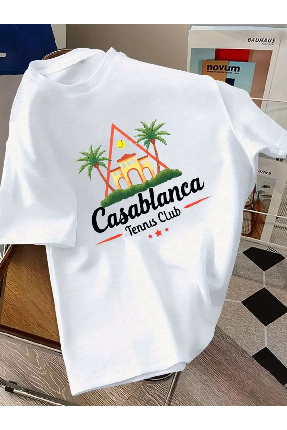 aynewmoda Casablanca Tenis Kulübü Grafik Baskılı Yuvarlak Yaka Polyester Tişört Yaz Kısa Kollu Tişört