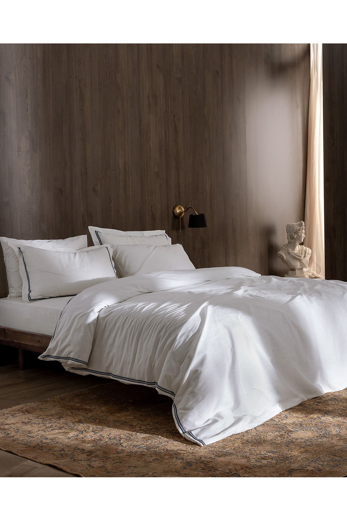 Madame Coco Tina Çift Kişilik Linen Look Yıkamalı %100 Pamuk Nevresim Takımı - Beyaz/Lacivert