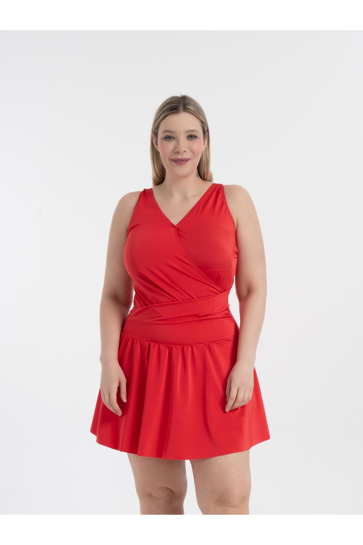AQUAVİVA Kadın Kırmızı Büyük Beden Dakota Kruvaze Detaylı Şortlu Elbise Mayo