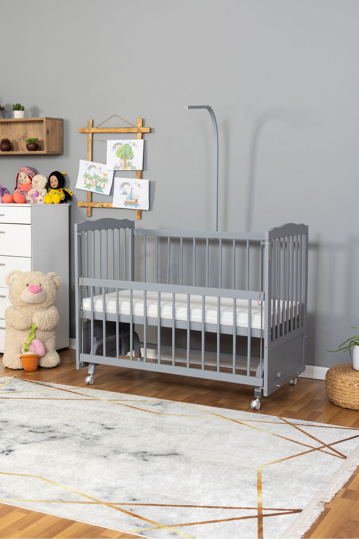 Carino Wins Ahşap Beşik Anne Yanı Yeni Doğan Tutku Gri Boyalı Bebek Beşiği TEK YATAK + TEKERLEKLİ