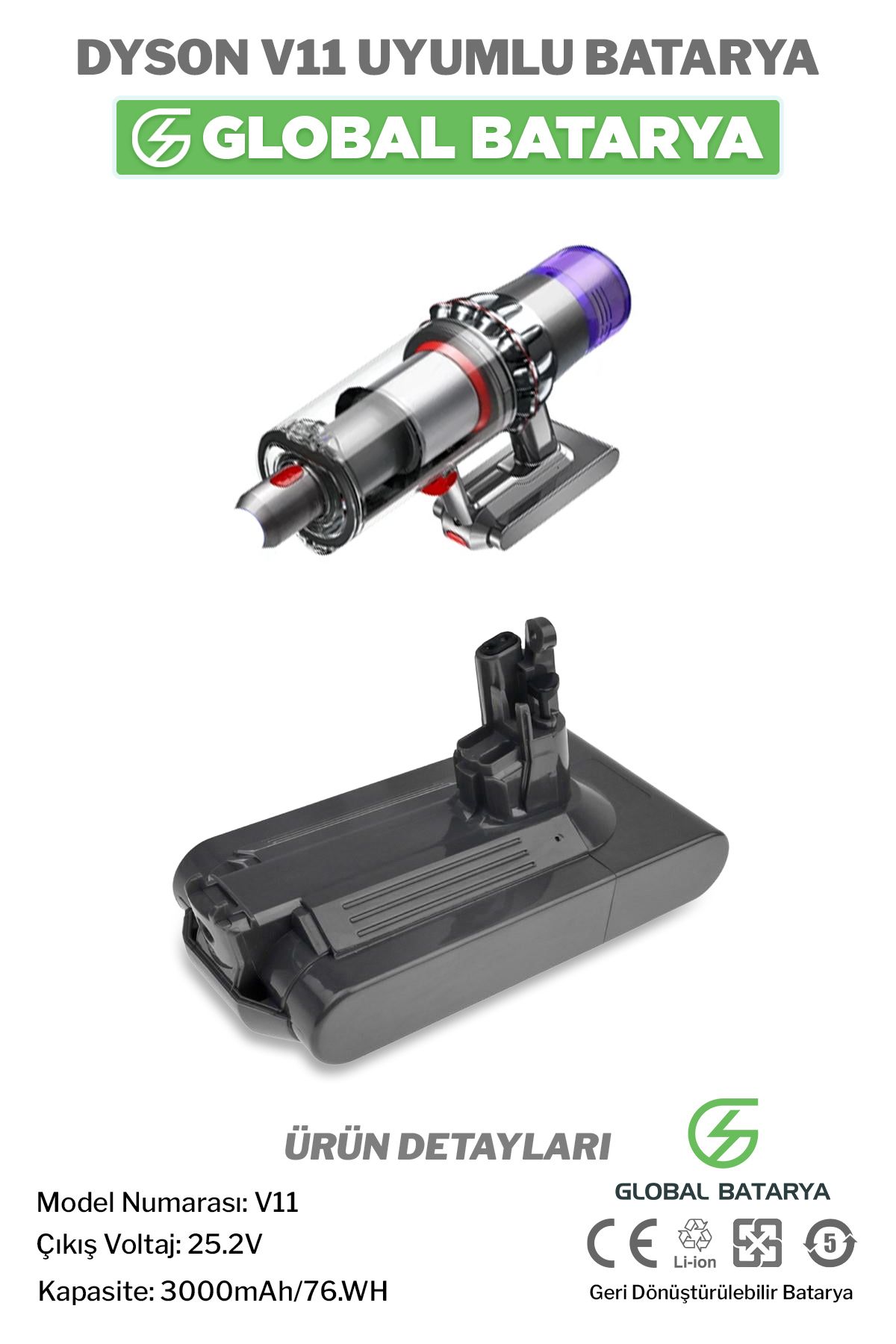GLOBAL BATARYA V11 Uyumlu Dikey Süpürge Bataryası 3000mAh 25.2V Li-ion Pil
