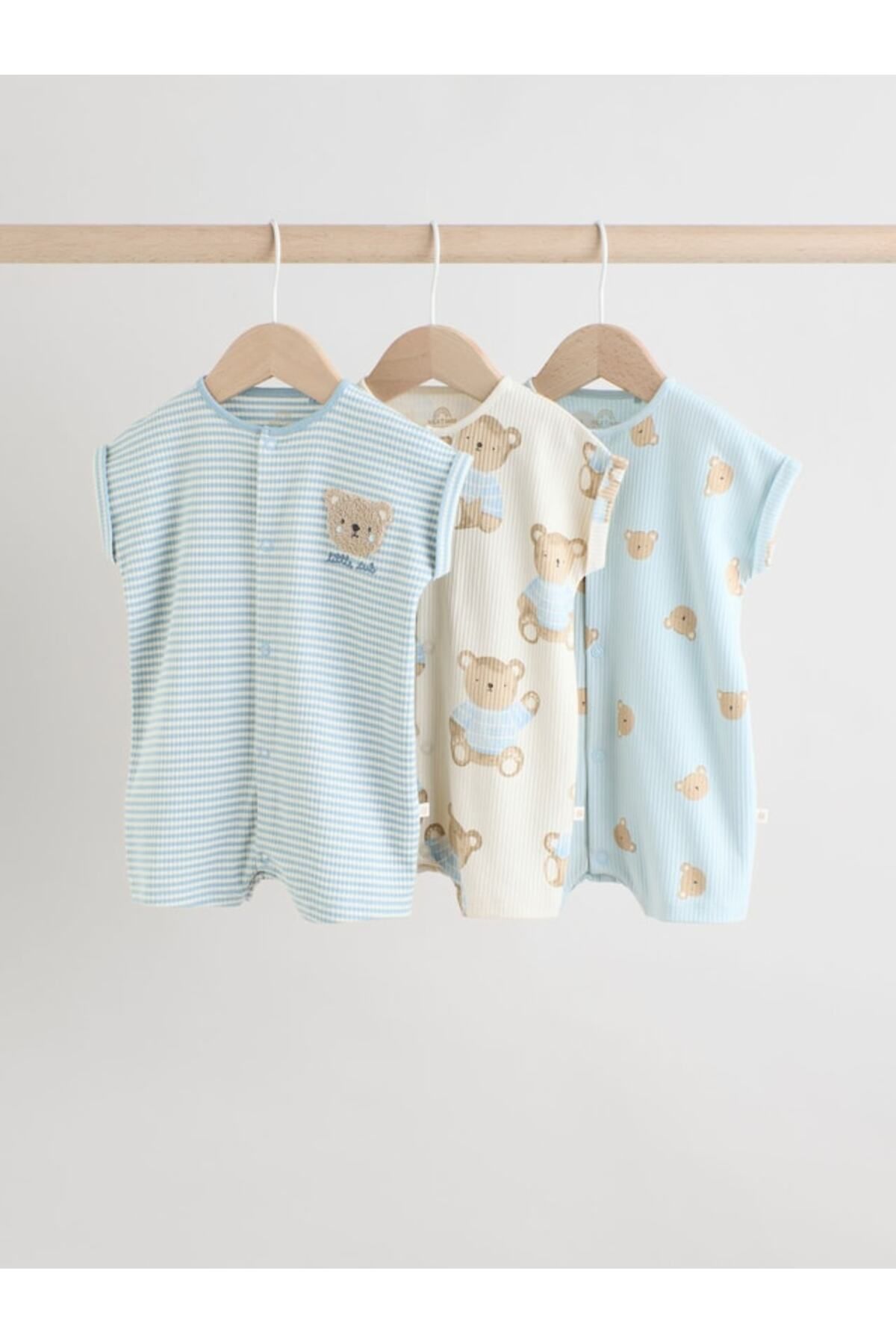 Next Baby 100% Cotton Blue Teddy Bear Patterned 3-Piece Romper Set