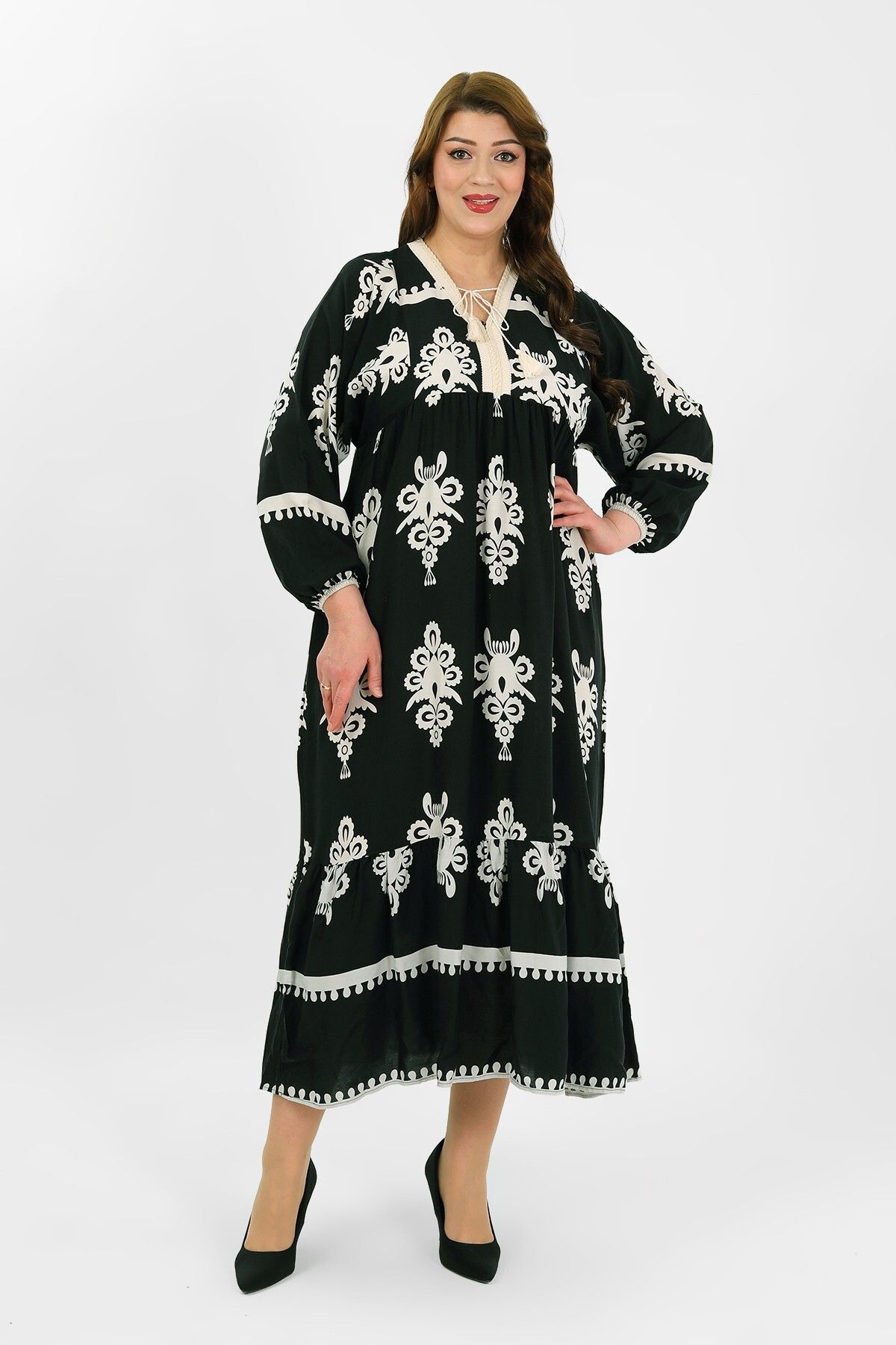 By Alba Collection Kadın Siyah Pamuklu Viskon Büyük Beden Elbise