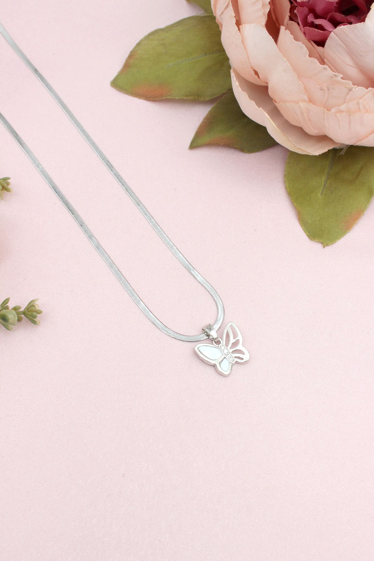 Styx Design Sedefli Kelebek Model Çelik Kolye