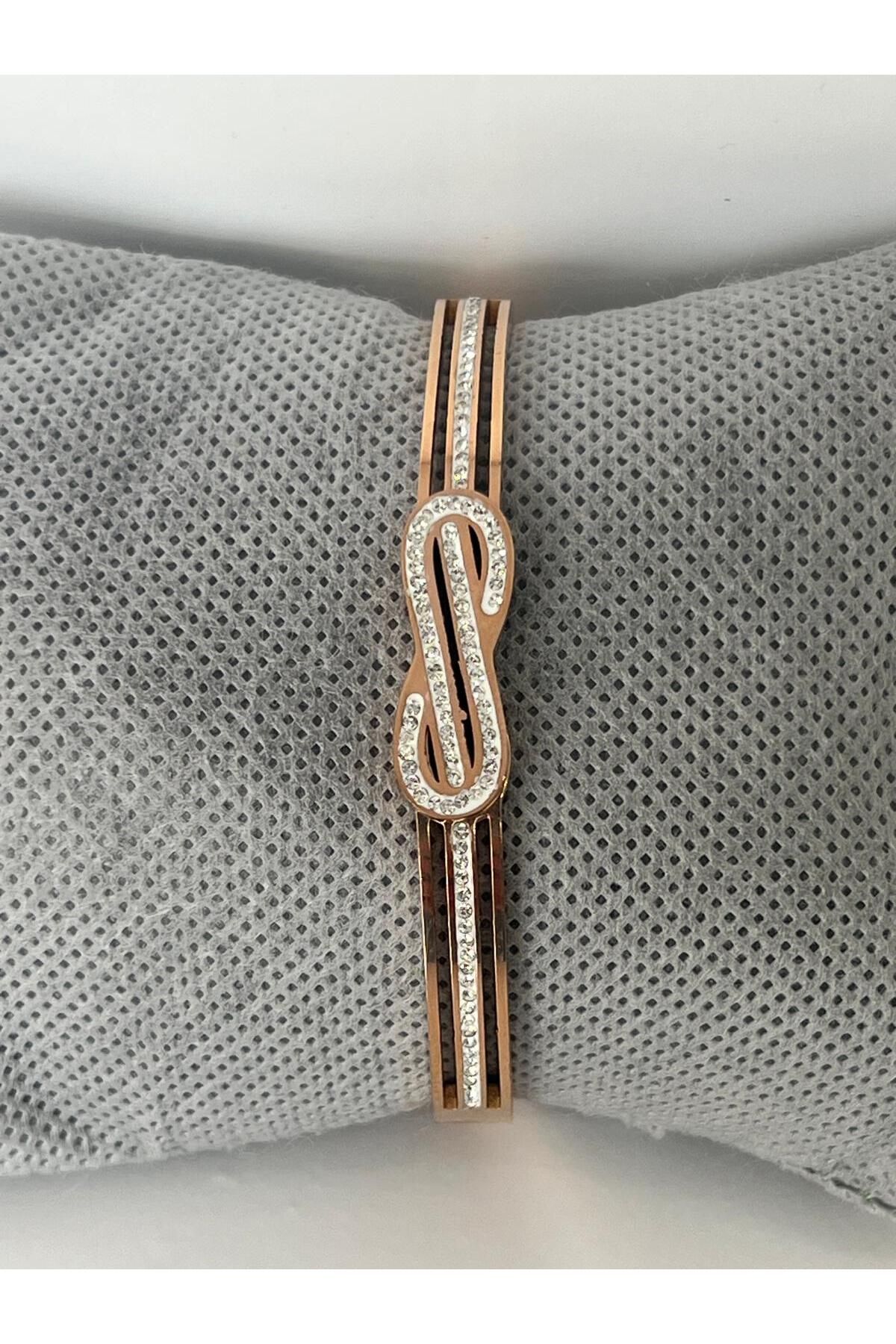 Meri Şans model Rose gold taşlı çelik kelepçe