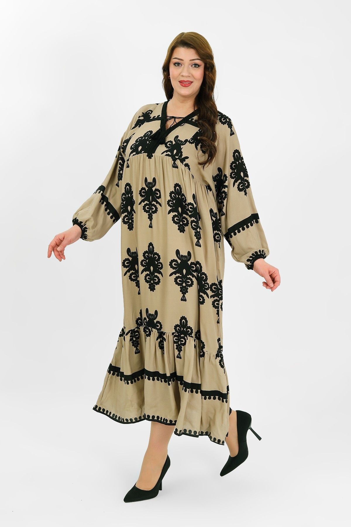 By Alba Collection Kadın Vizon Pamuklu Viskon Büyük Beden Elbise