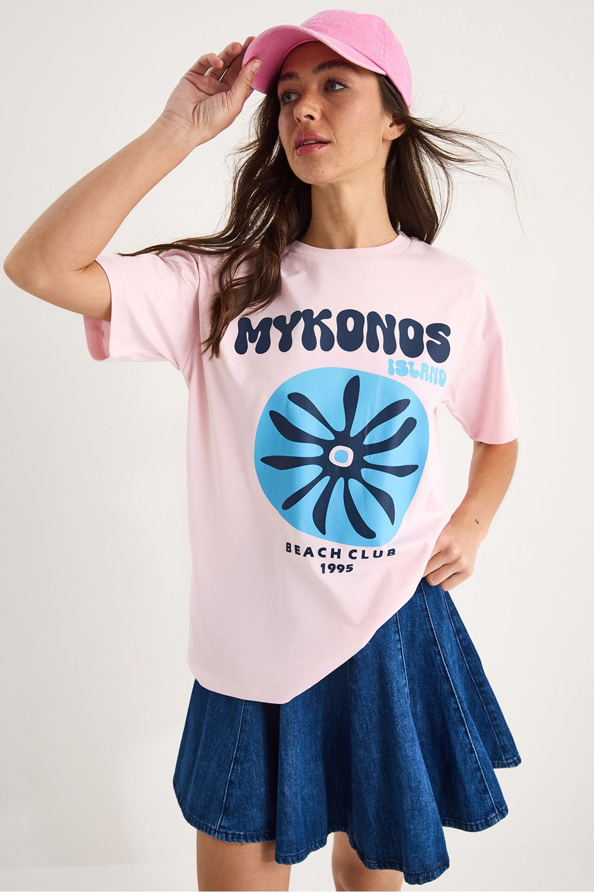 Bianco Lucci Kadın Mykonos Baskılı Oversize Pamuklu T-Shirt 5446 60283290
