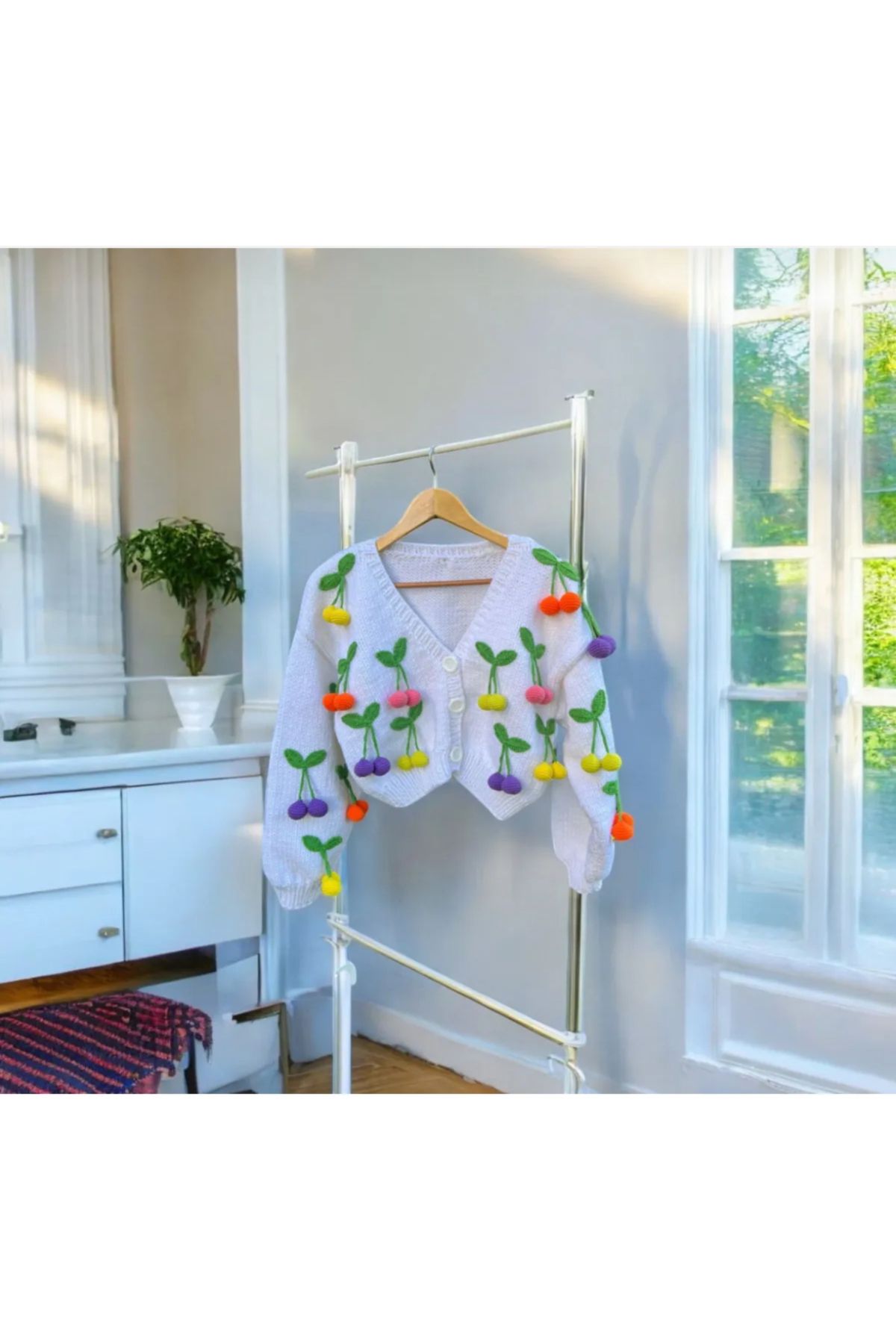 zeyneps ZA Handmade el örgüsü renkli kirazlı hırka