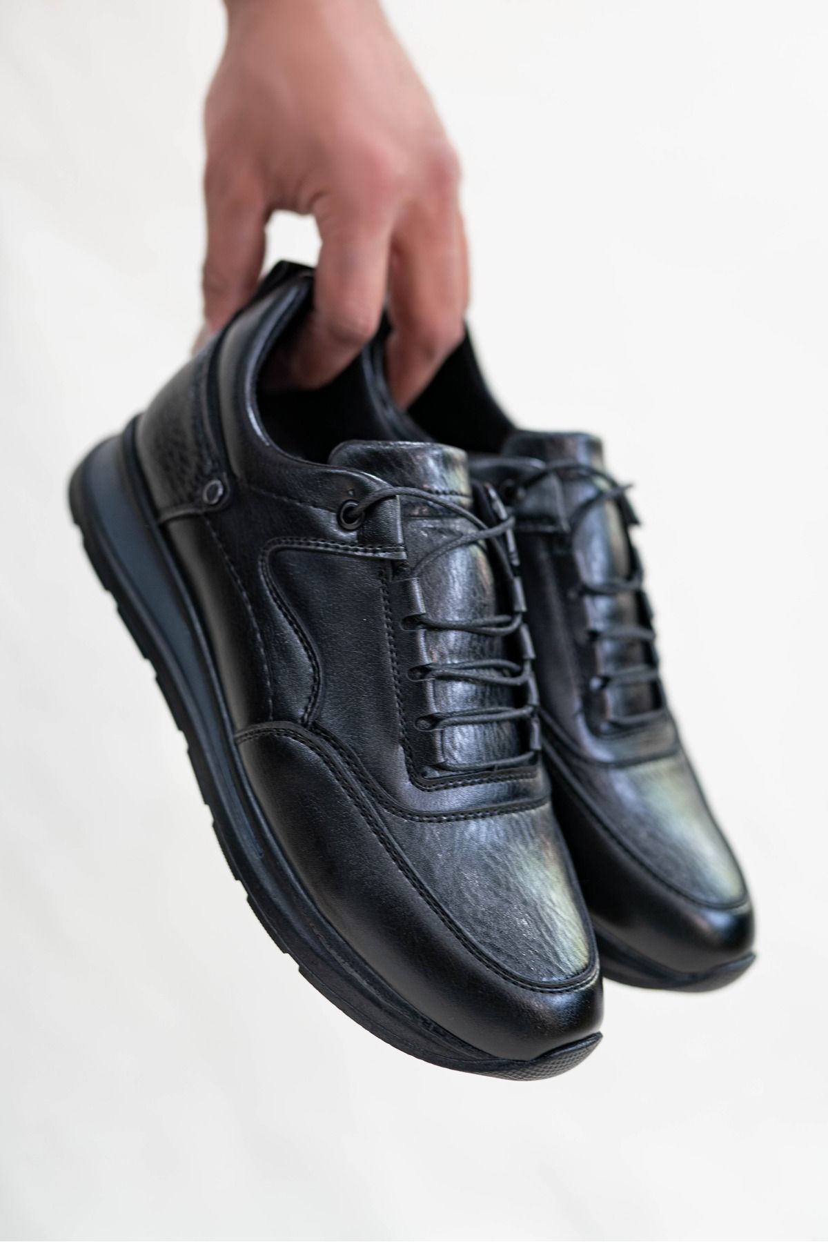 BİKAJOO Erkek Siyah Suni Deri Bağcıklı Günlük Casual Ayakkabı Sneaker BKJ1056