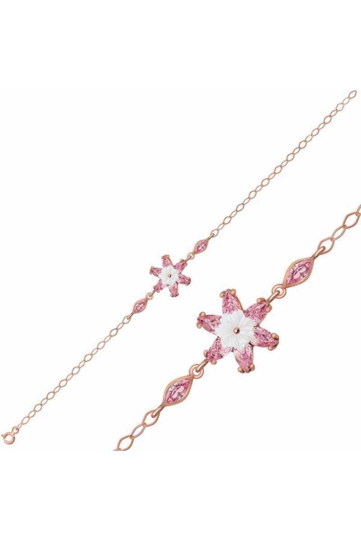 ecepazarlama Gümüş Rose Pembe Lotus Çiçeği Bileklik