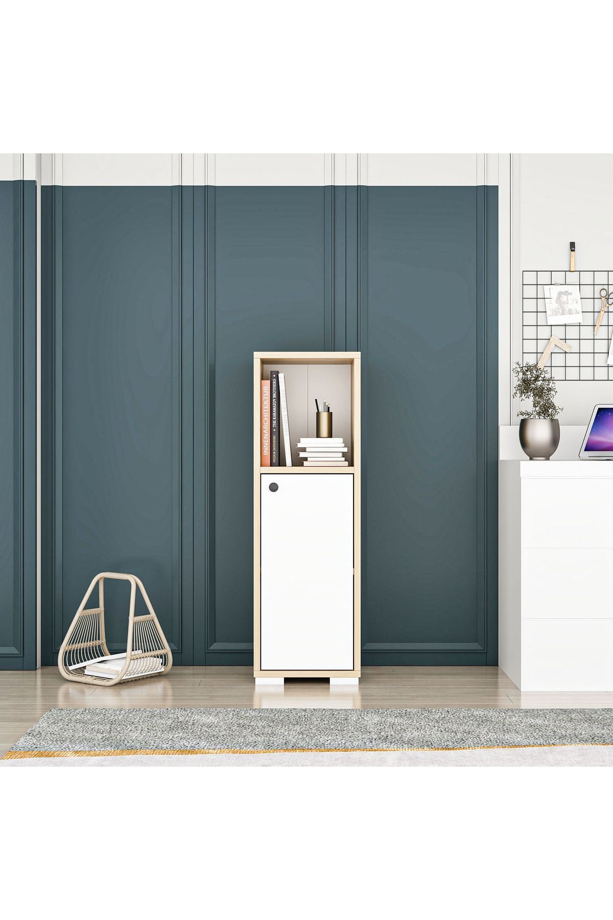 WOODORA DESİNG Sofia 1 Kapaklı Raflı Kitaplık ve Çok Amaçlı Dolap Safirmeşe-Beyaz