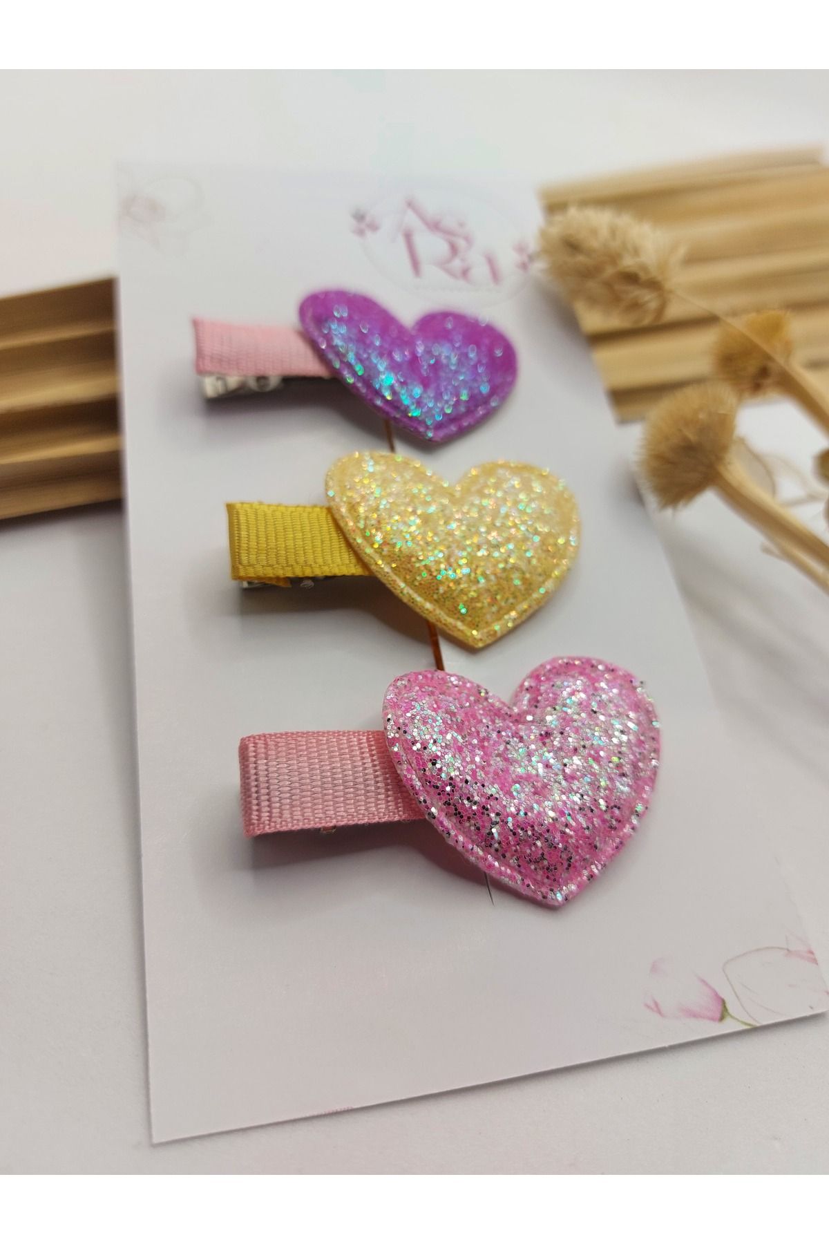 AsRa Accessories çok renkli simli kalp 3'lü klips toka