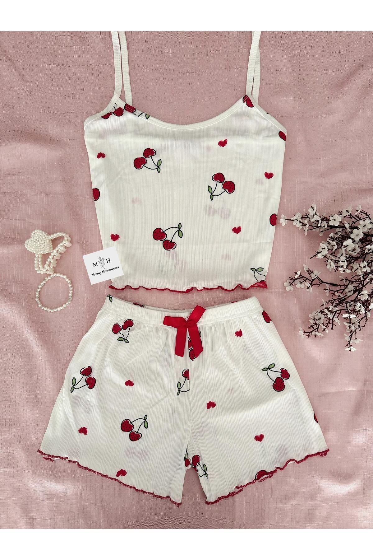 MH Moony Homewears 2'li Fitilli Kirazlım Şortlu Yazlık Pijama Takımı