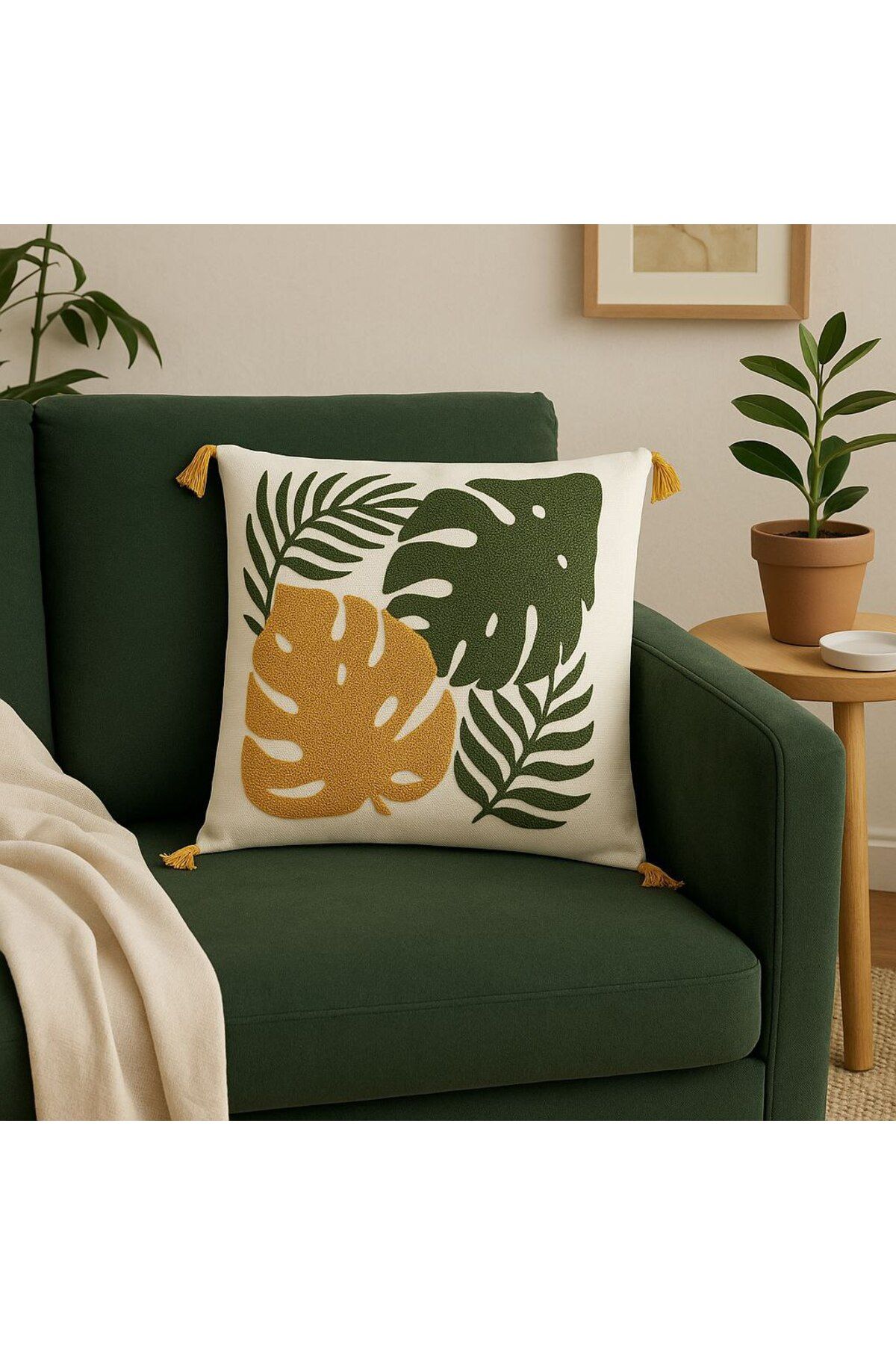 portofino HOME Tropikal Yaprak Desenli Sarı Yeşil Püsküllü Dekoratif Kırlent Kılıfı 40×40 cm