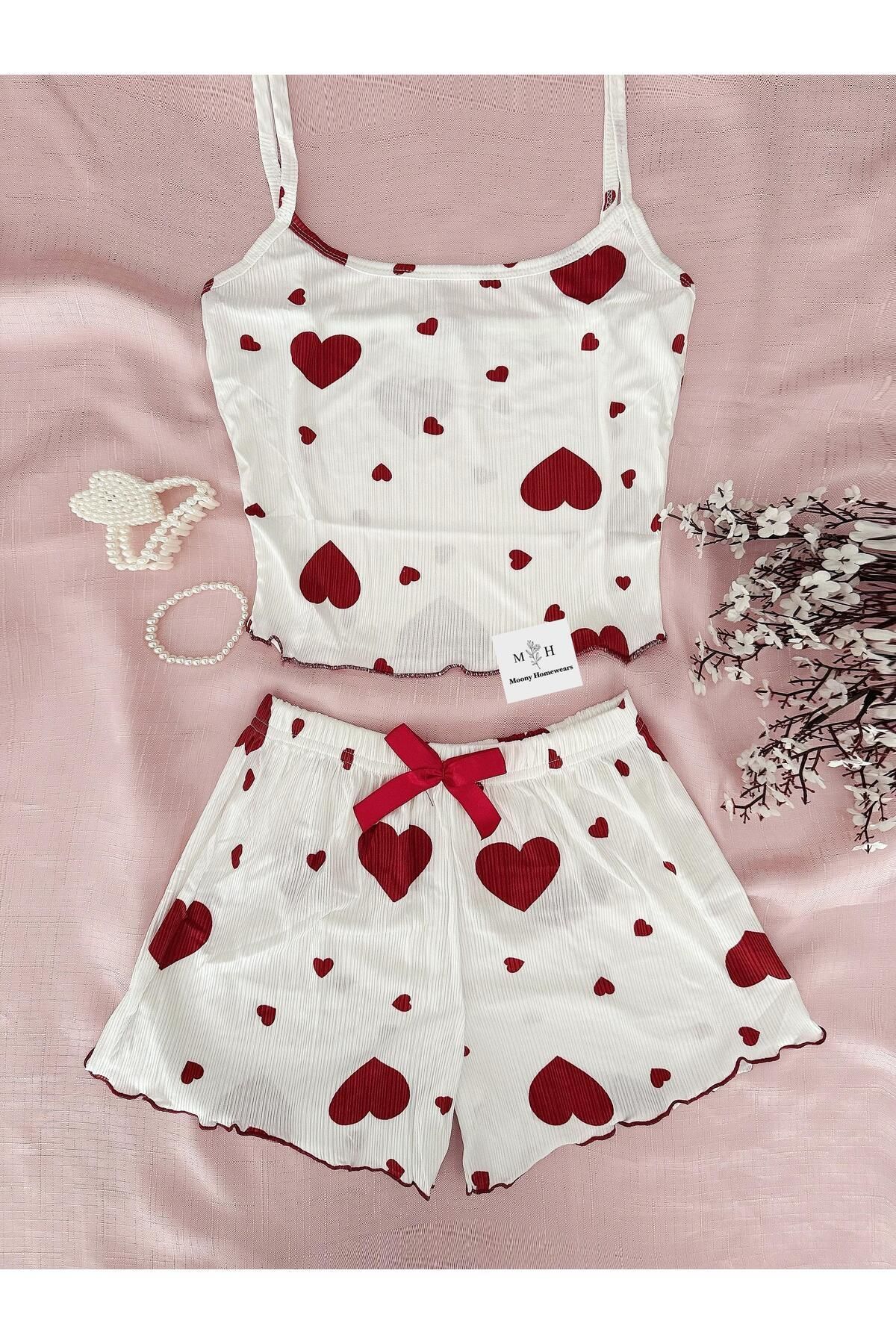 MH Moony Homewears 2'li Fitilli Bordo Kalpli Şortlu Yazlık Pijama Takımı