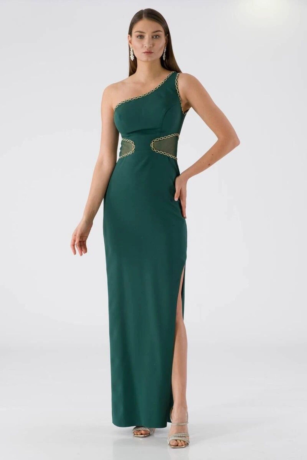 Bluewhite-One Shoulder Tulle Detailed Long Hohny Evening Dress 5