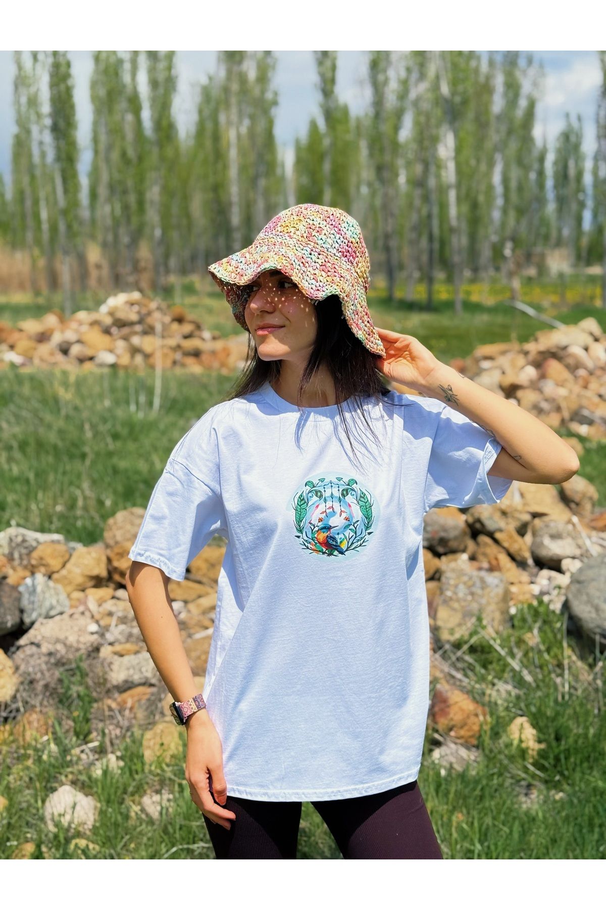 Store Unisex Oversize Tişört - Kuş Baskılı