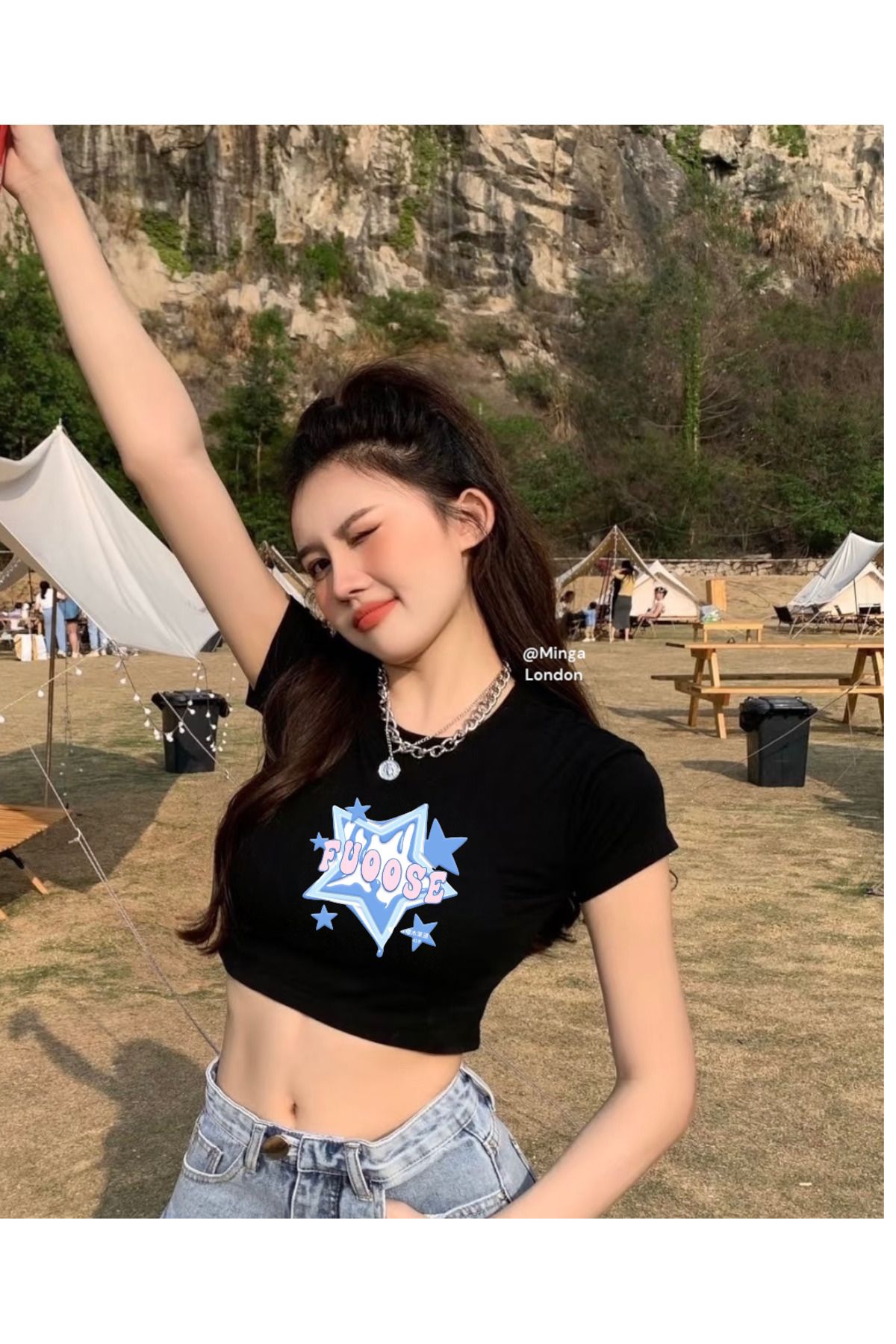 Minga London Siyah Fuoose Blue Star Written Baskılı Crop Bluz -Ghostella