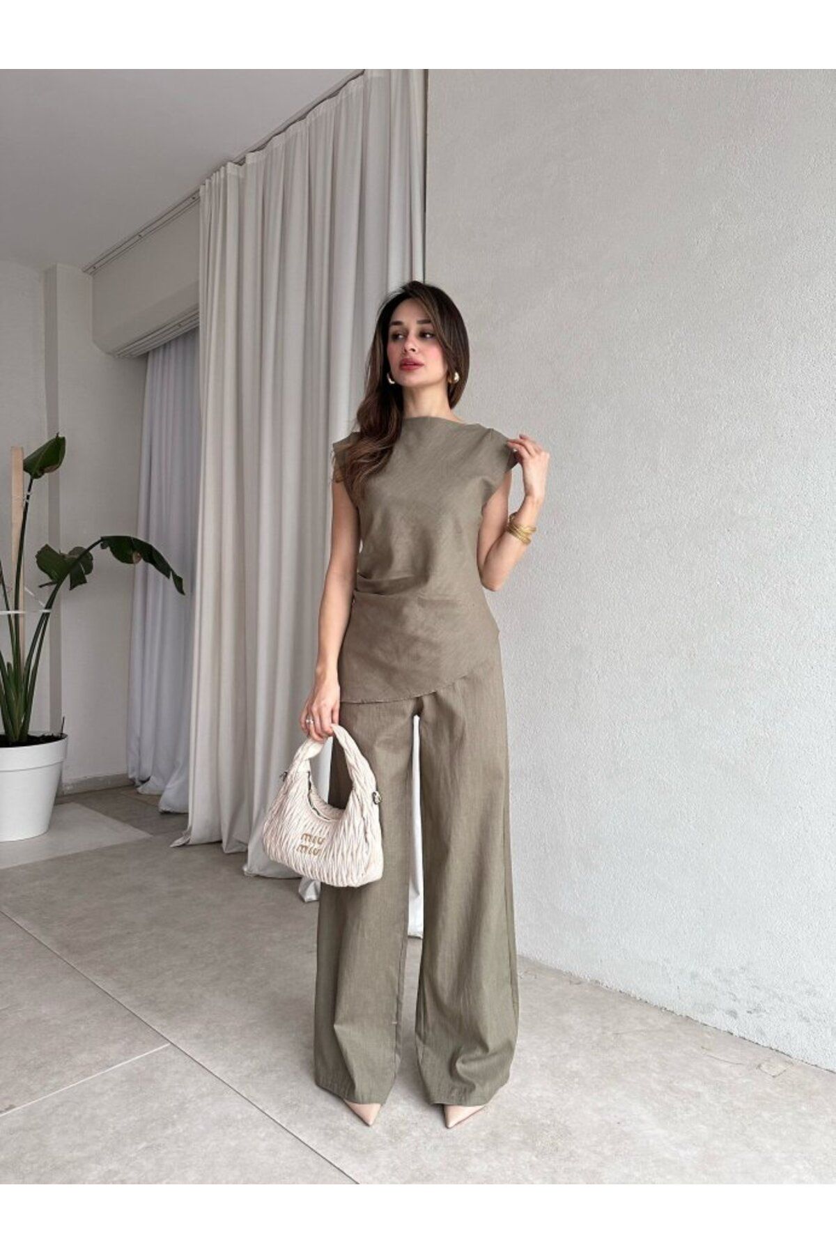 My Blog Haki Asimetrik Bluz Pantolon Takım - 7227