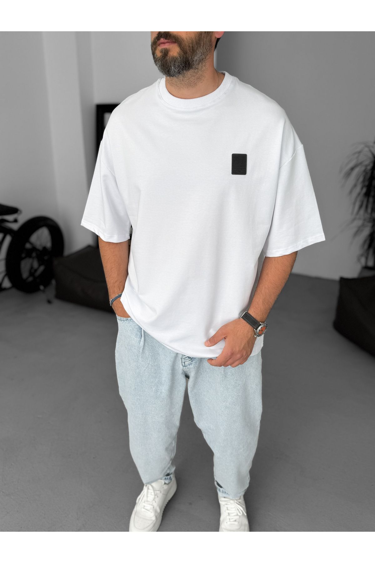 BYBASICMAN Beyaz W Detaylı Oversize T-Shirt BY-069