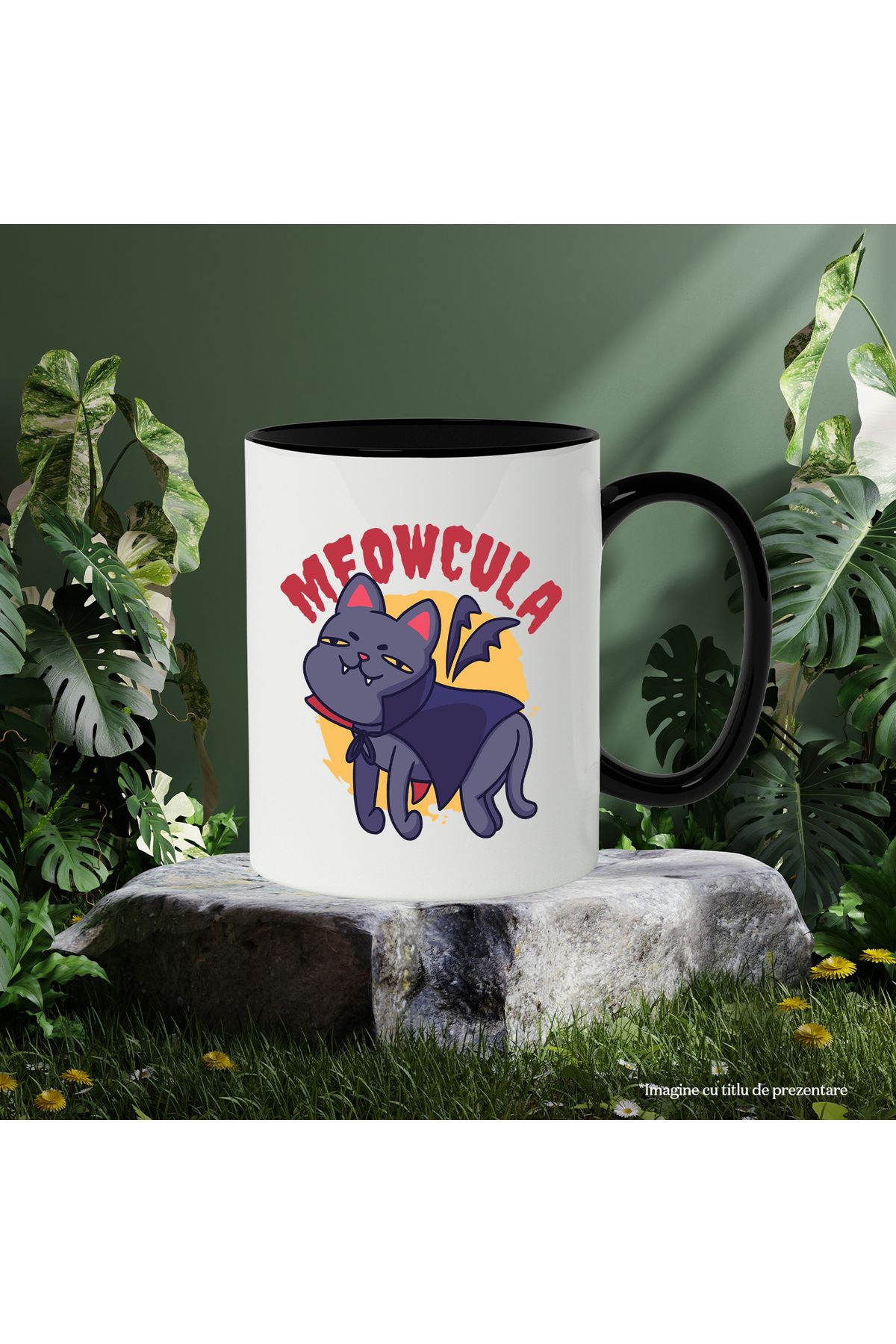 StoryGift Romania-Mug With Message Meowcula, Vampire, Cat, Fangs, Wings, Bat, Multicolor 330 ml,, With Black Handle 2