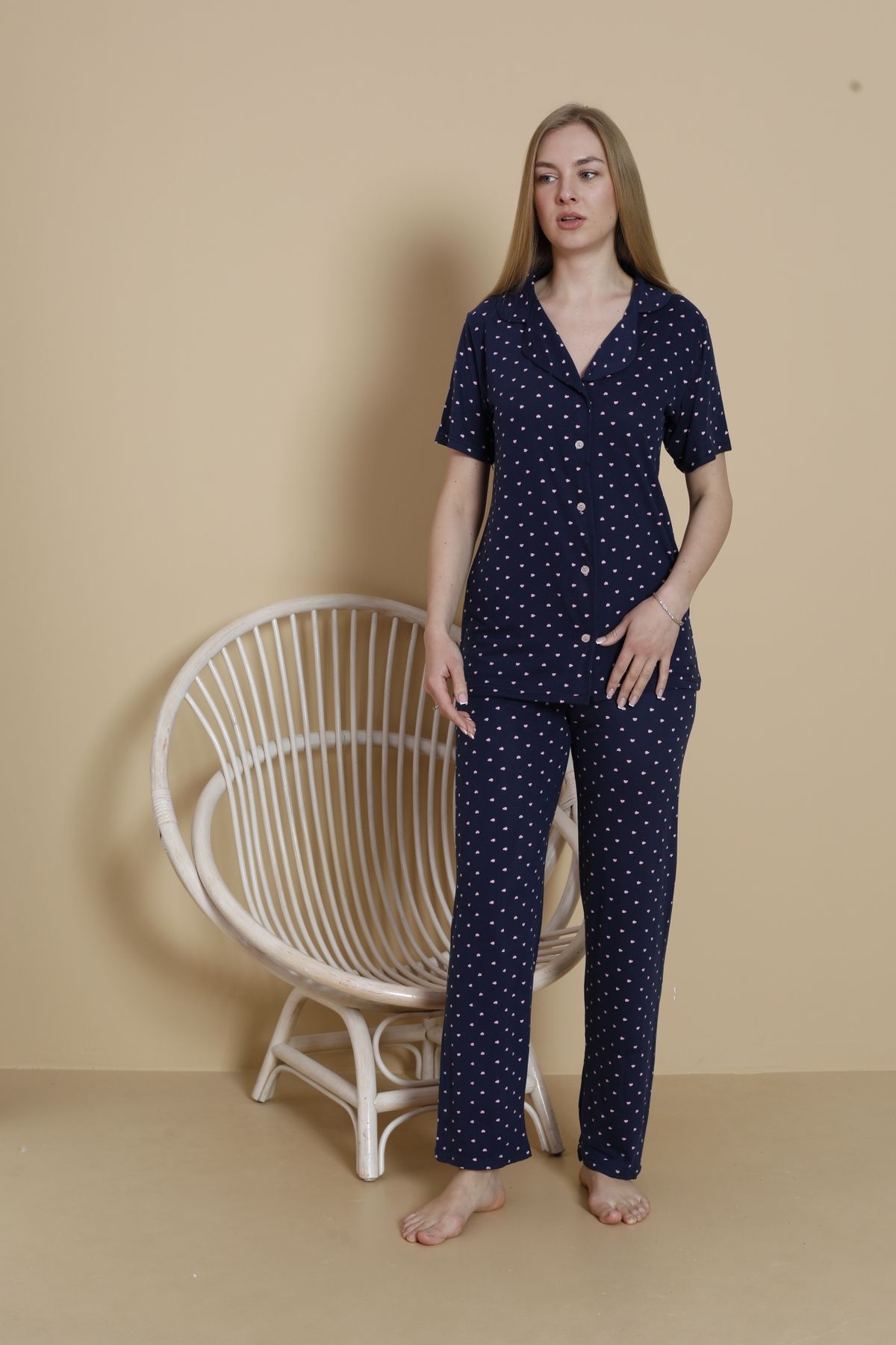 Mira Homewear Düğmeli Kısa Kol Desenli Kadın Pijama Takımı MR003