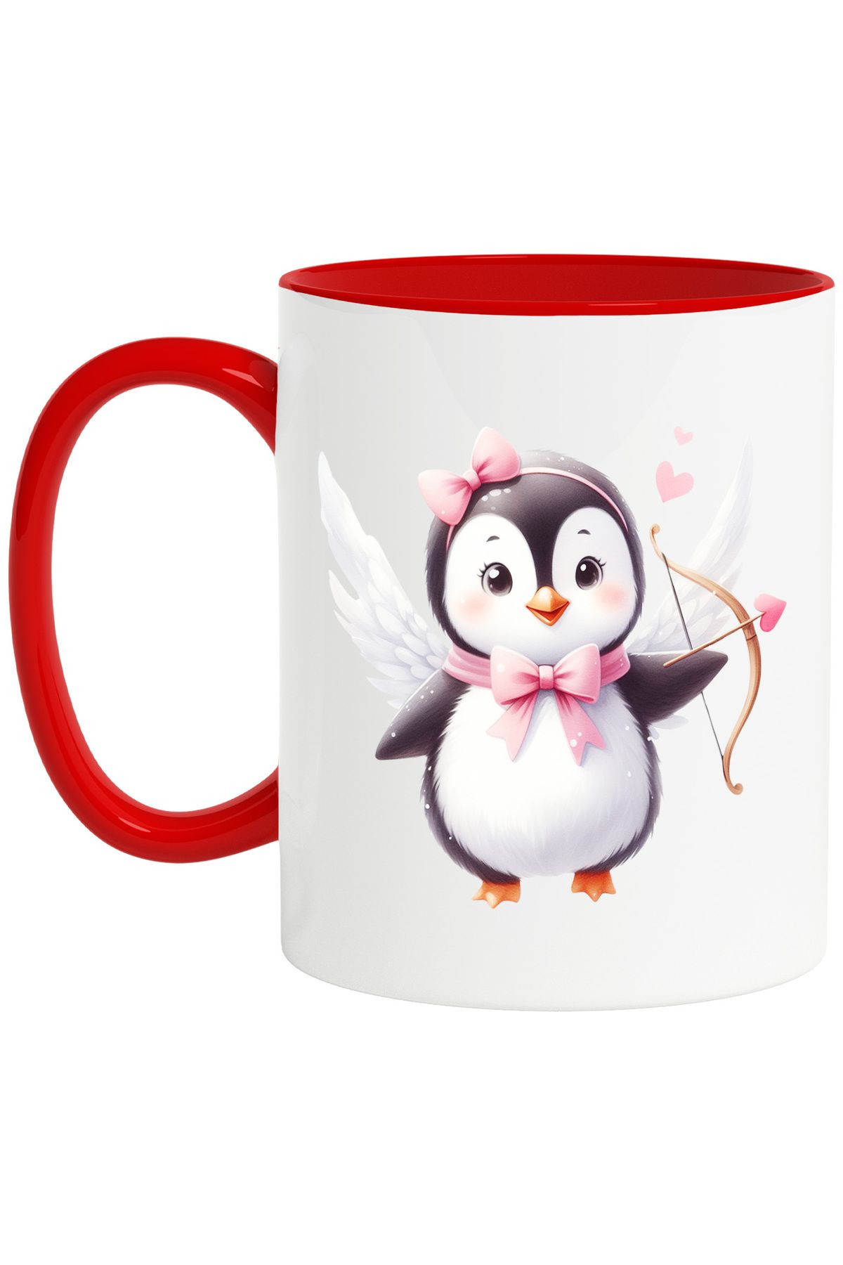 StoryGift Romania Cana Cu Un Pinguin Cupidon | Ilustratie | Arc Cu Sageti | Inimioare | Fundite | , Cu Maner Rosu - One Size