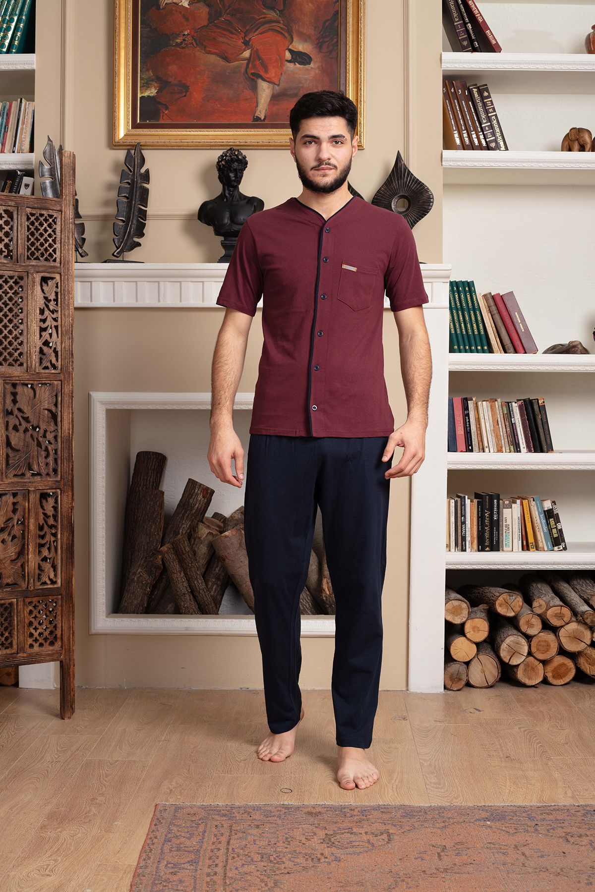 LOHOUSE Erkek Bordo Önden Düğmeli Kısa Kollu Pamuklu Erkek Pijama Takım